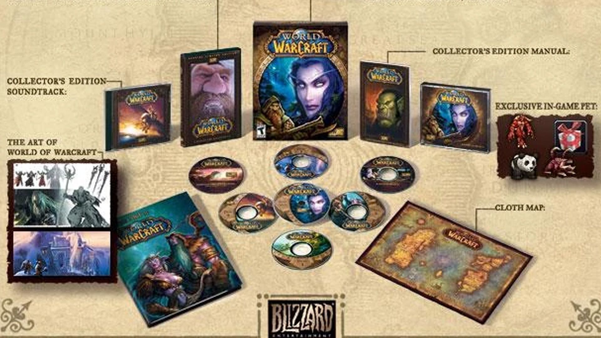 An image shows all the collectibles included in the World of Warcraft Collector’s Edition.