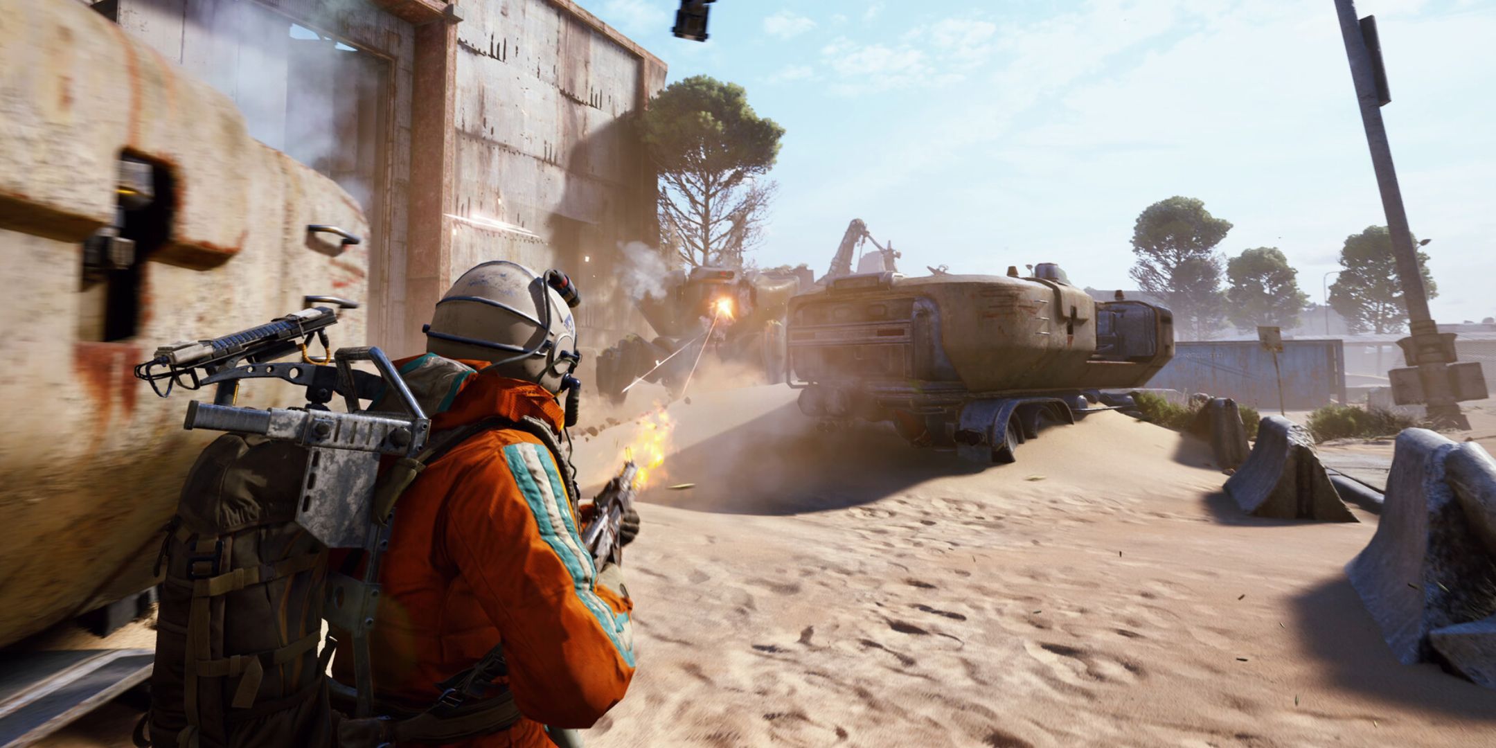 A screenshot from Arc Raders, showing a character shooting at a robot