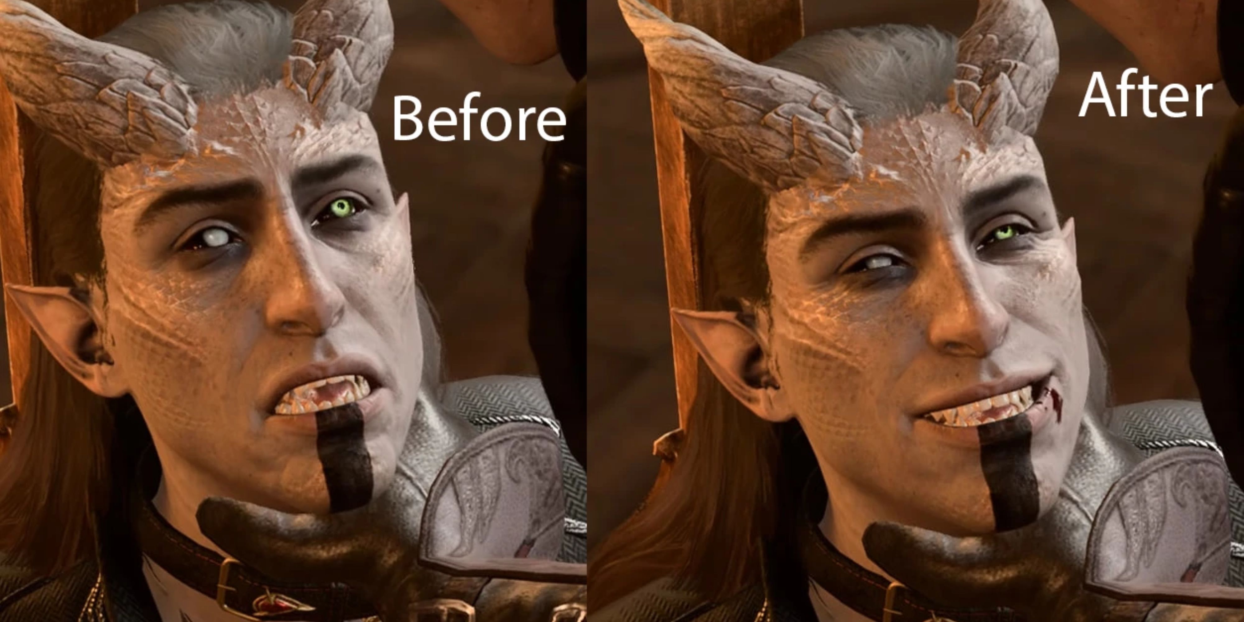 Ascended Astarion looks scared on the left and happy on the right in Baldur's Gate 3.