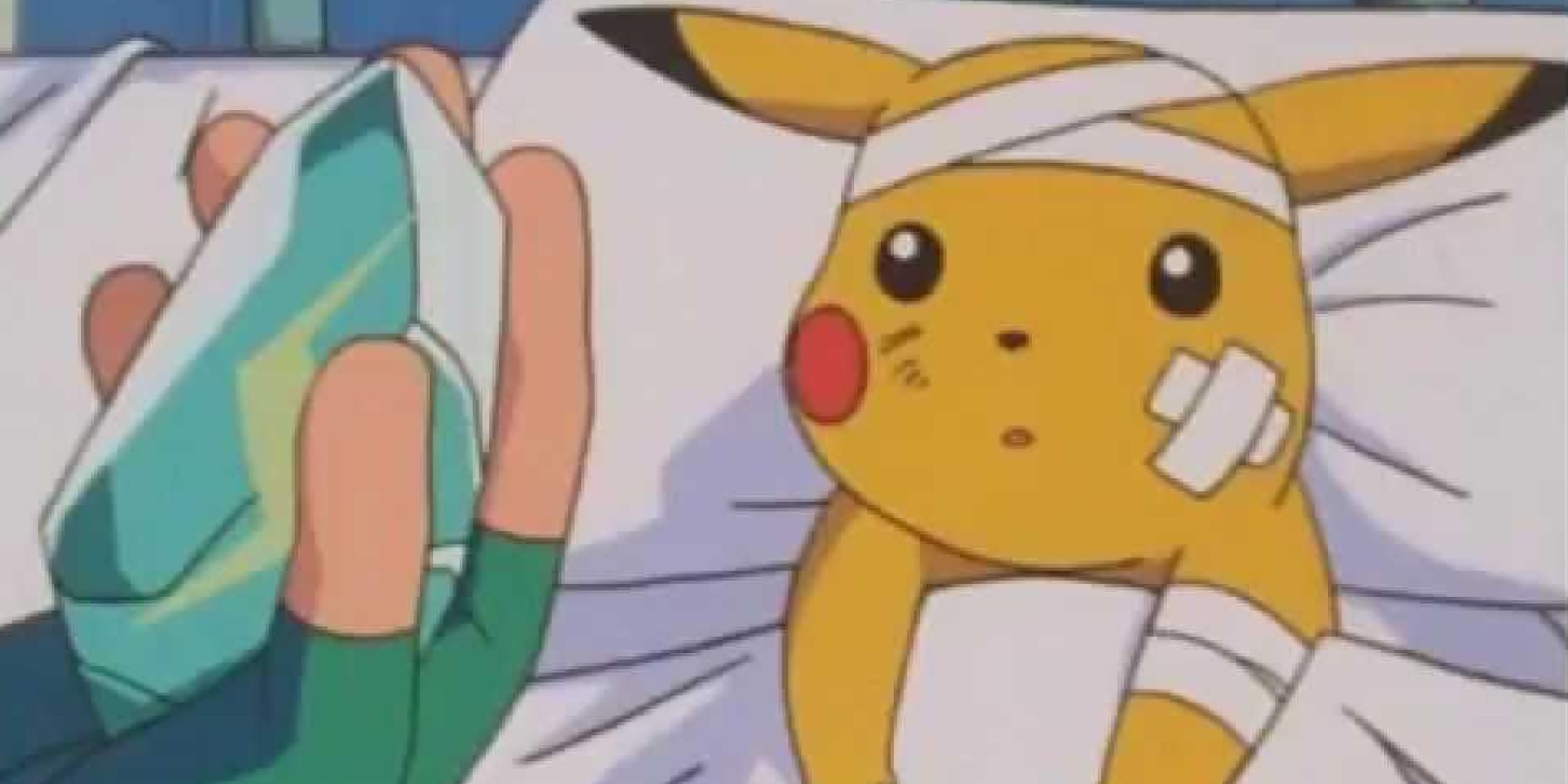 Ash holding up a Thunder Stone to Pikachu in bed.