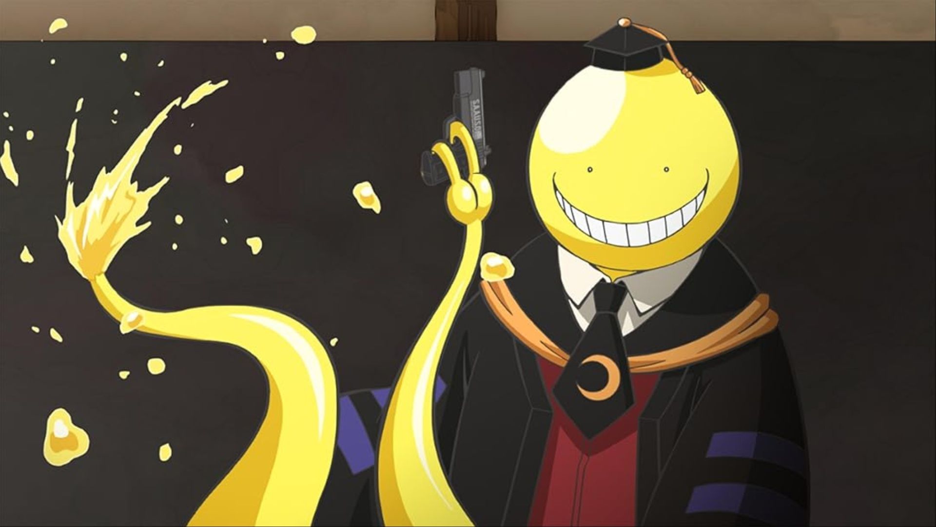 Koro-sensei holding a pistol in the front of the classroom in Assassination Classroom.