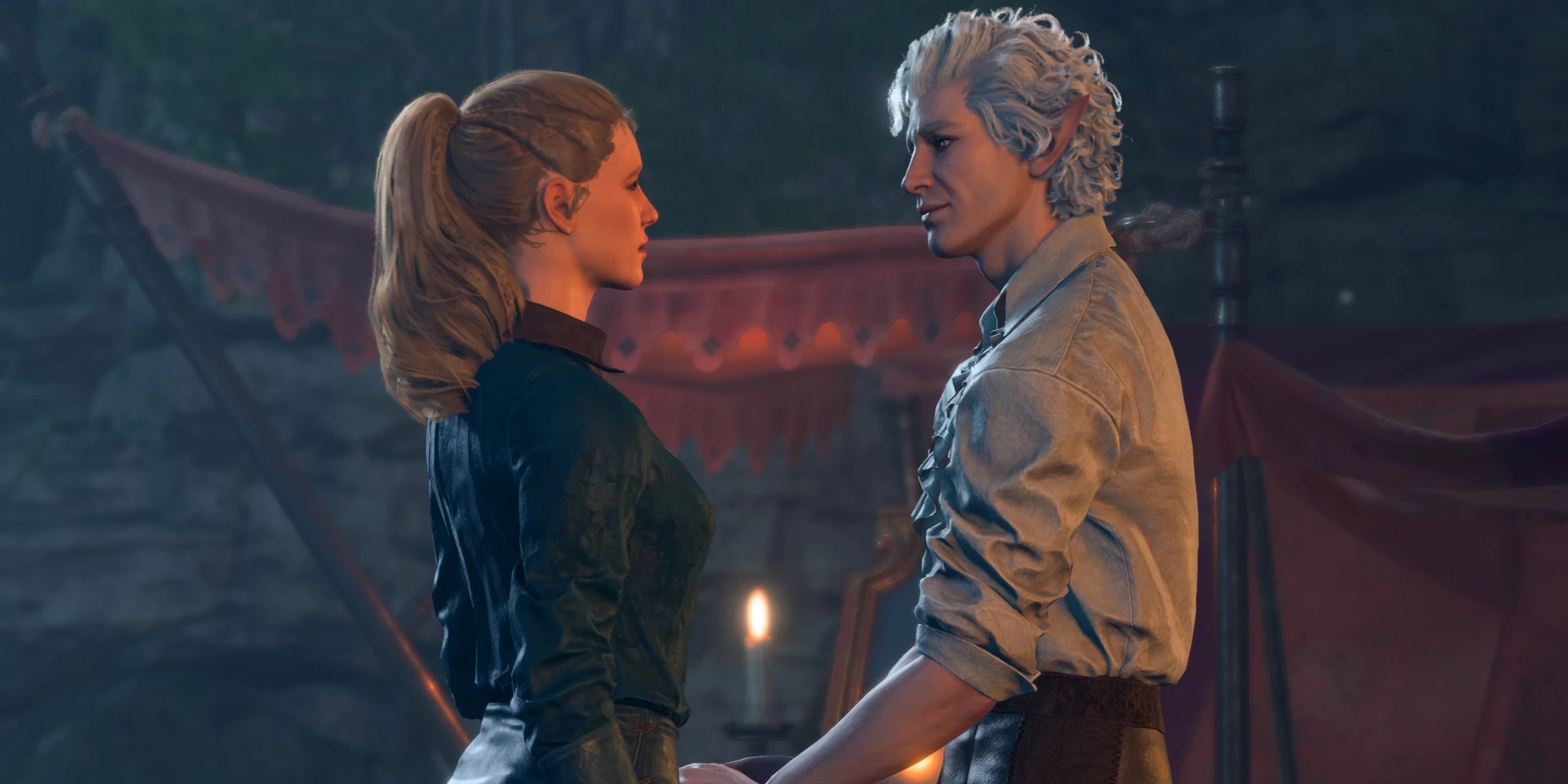 Astarion and the player have a deep conversation in camp in Baldur's Gate 3.