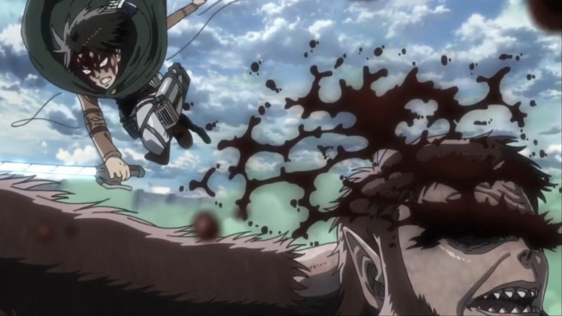 Levi cutting the eyes of the Beast Titan with his ultrahard steel blade in Attack On Titan.