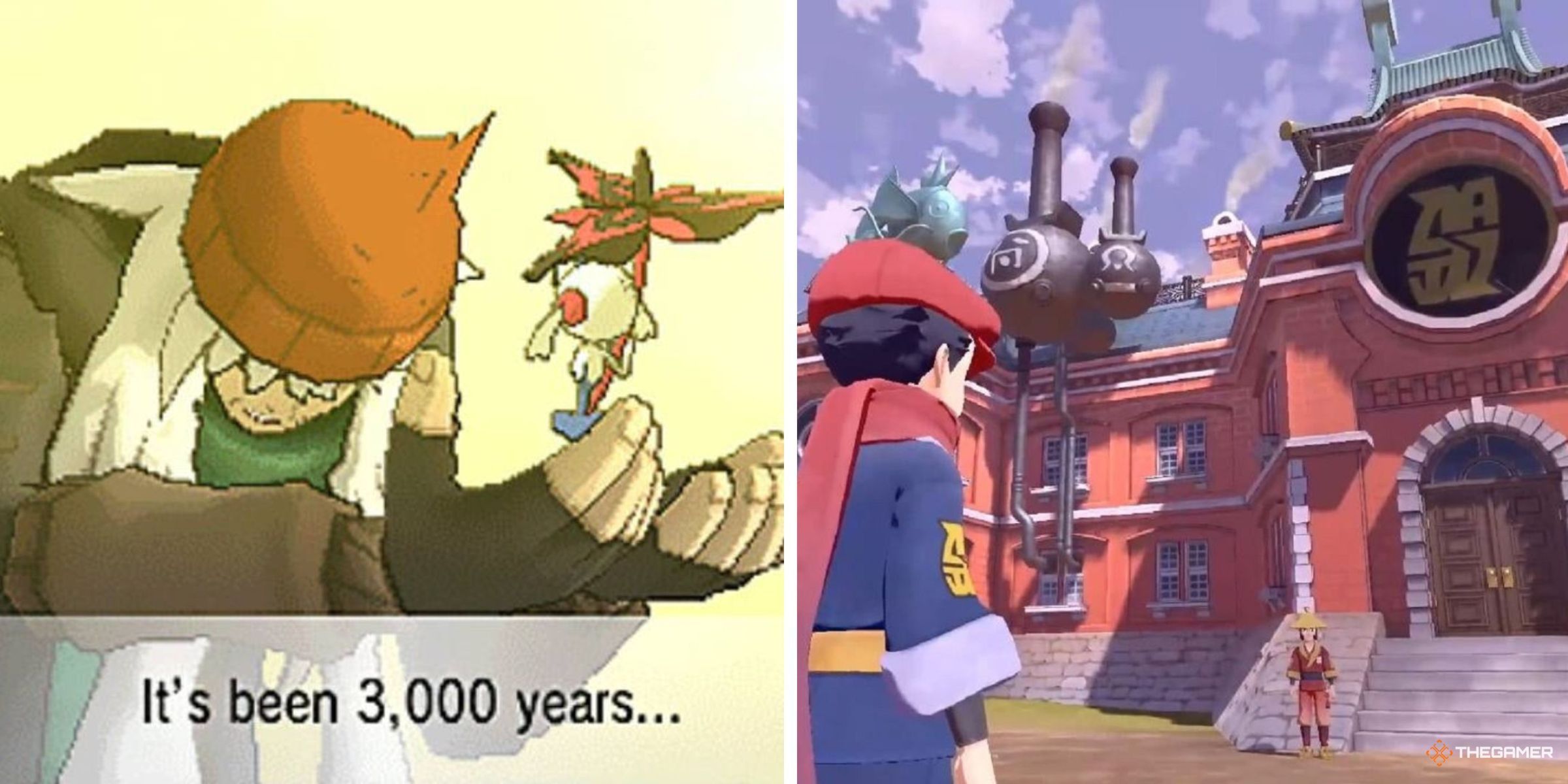 AZ Reuniting With His Floette Saying Its Been 3,000 Years To It From Pokemon X Alongside Jubilife Village From Pokemon Legends Arceus.