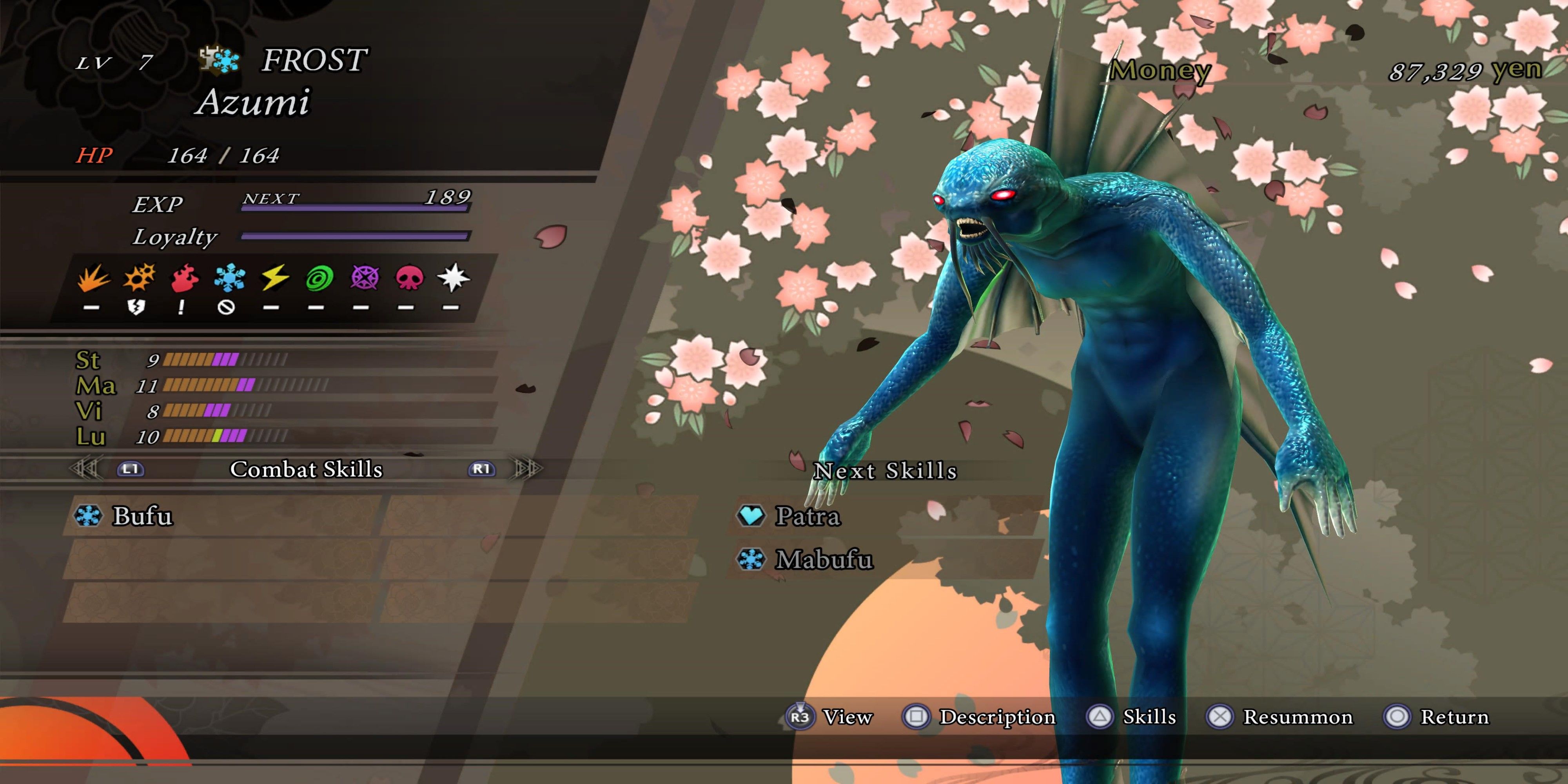 Azumi demon screen and stats from raidou remastered.