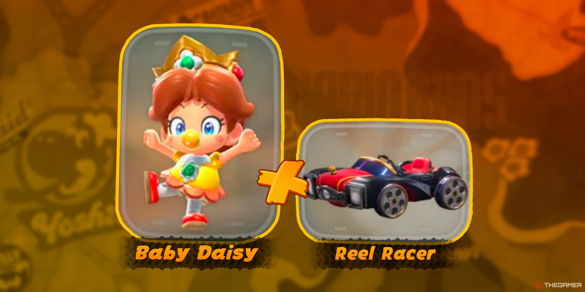 Baby Daisy next to the Reel Racer Kart in Mario Kart World's character selection.