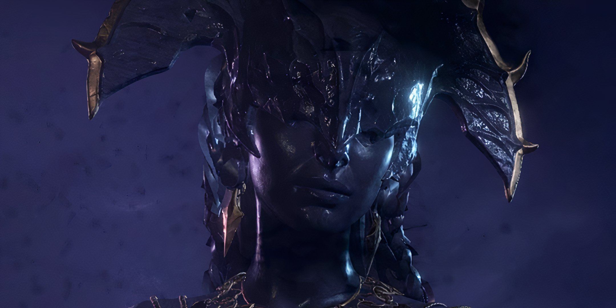 Lady Shar's face from Baldur's Gate 3 close to the camera.