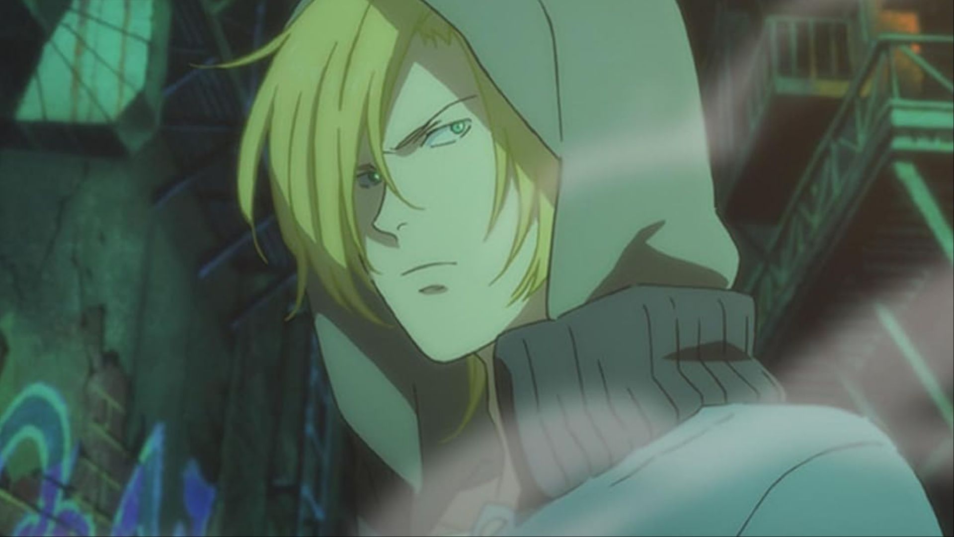 Ash Lynx standing in an alleyway with a serious expression on his face in Banana Fish.