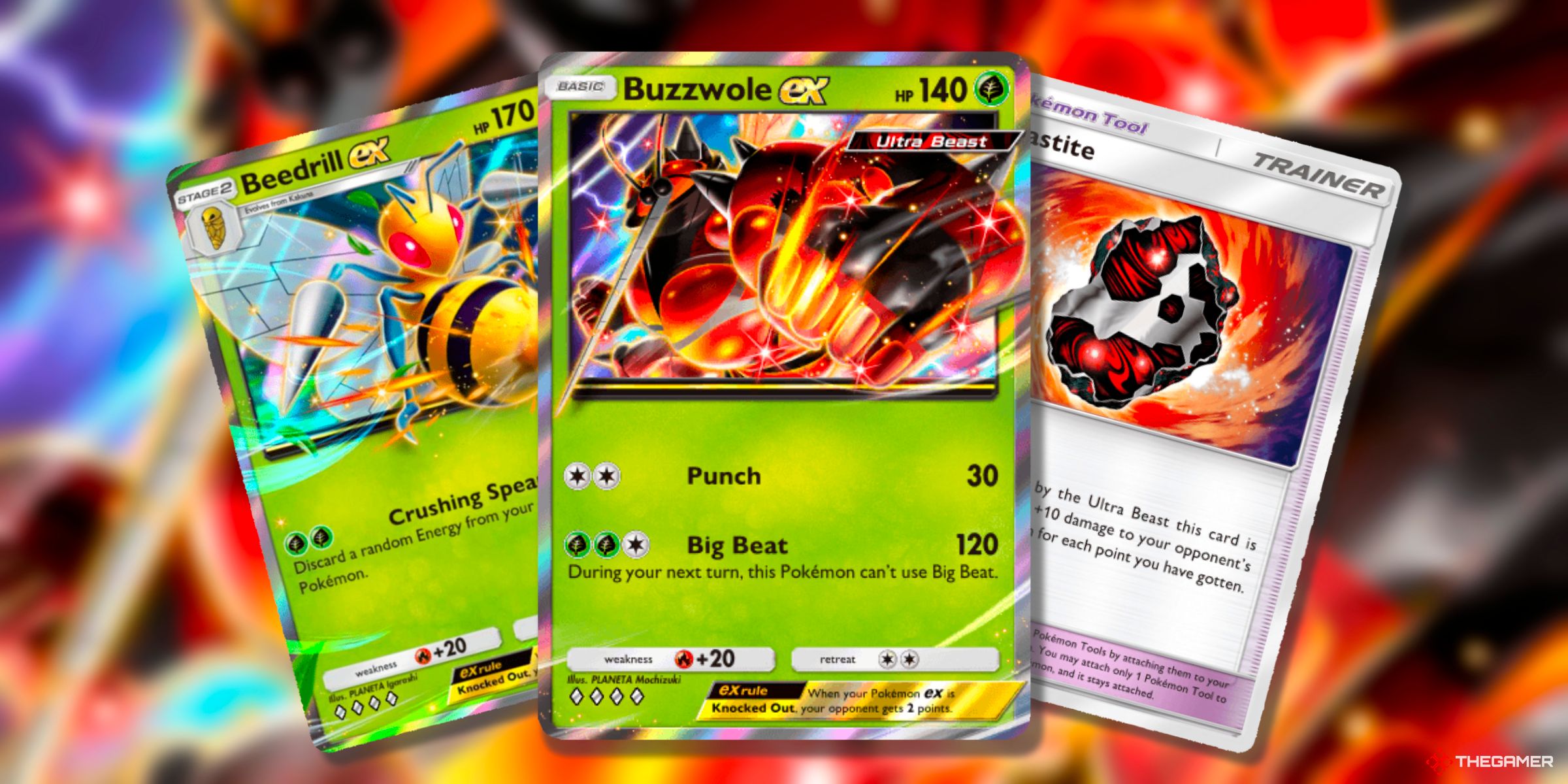 Beedrill Ex (A2b-3), Buzzwole Ex (A3a-6), And Beastite Pokemon Cards From Pokemon TCG Pocket.