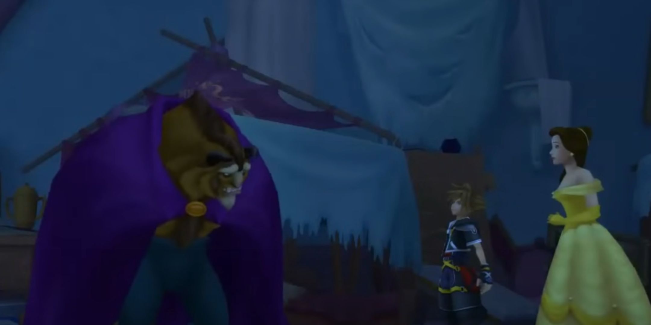 Belle and Sora looking at Beast in Kingdom Hearts 2.