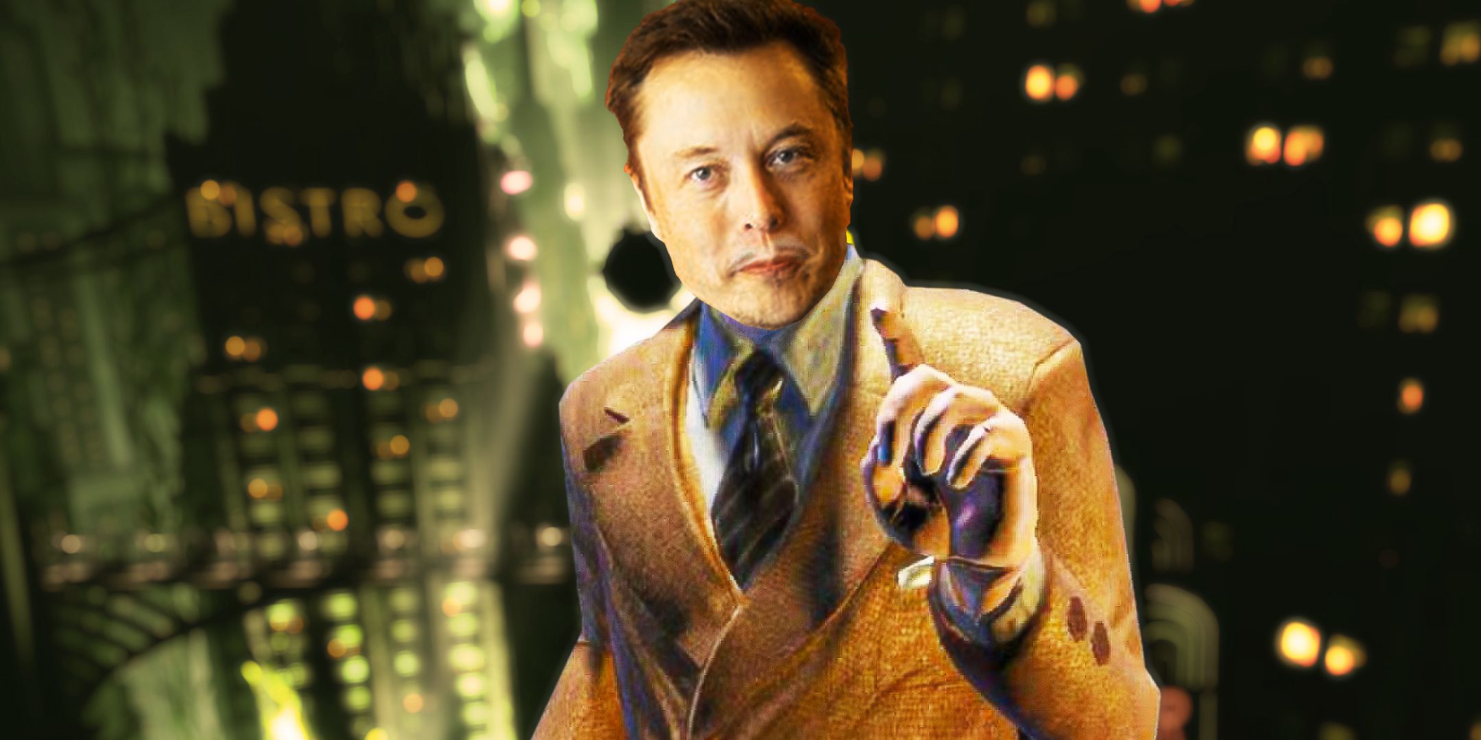 Elon Musk holding his finger up with Rapture from BioShock in the background.