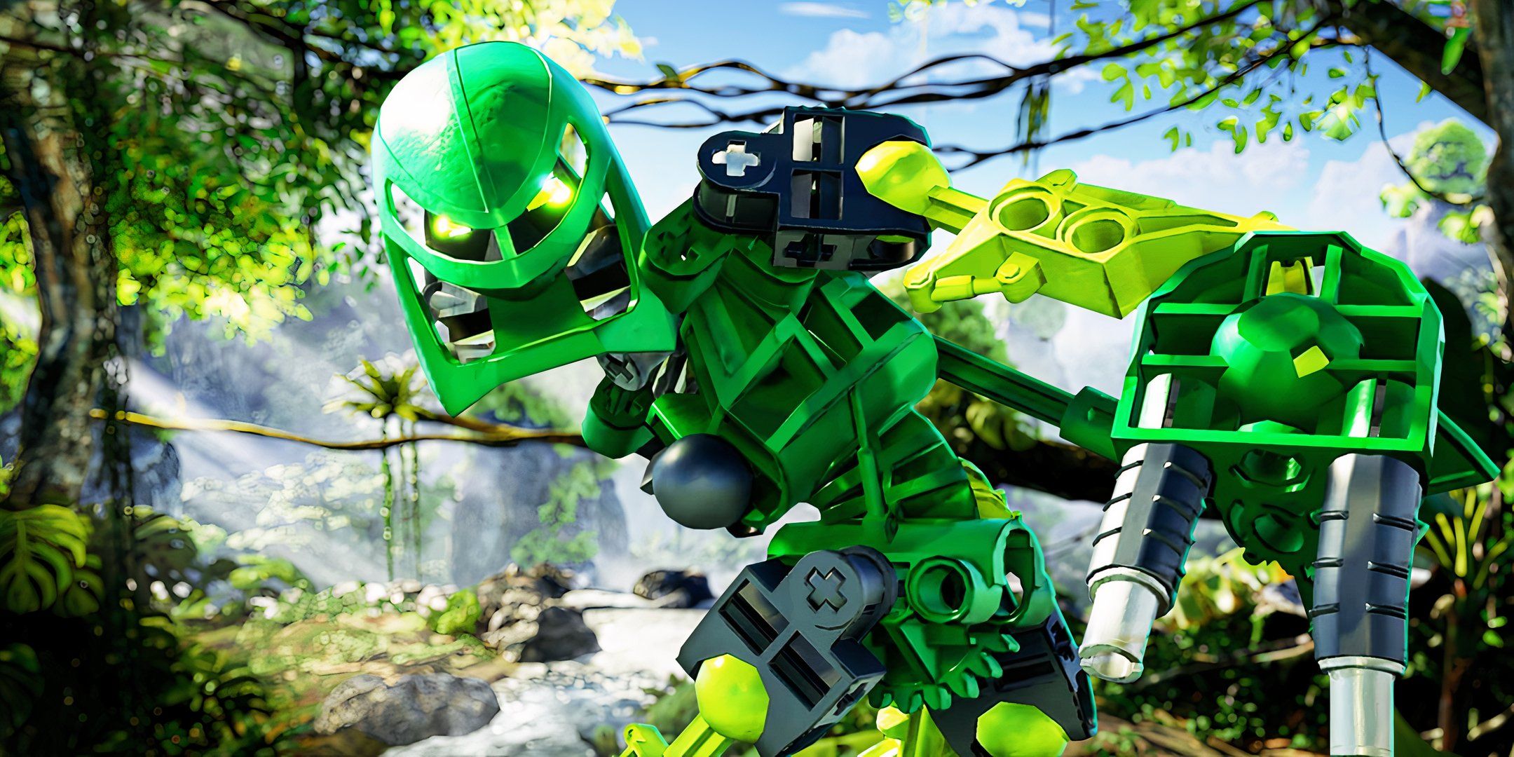 Bionicle from Masks of Power standing in front of a jungle landscape.