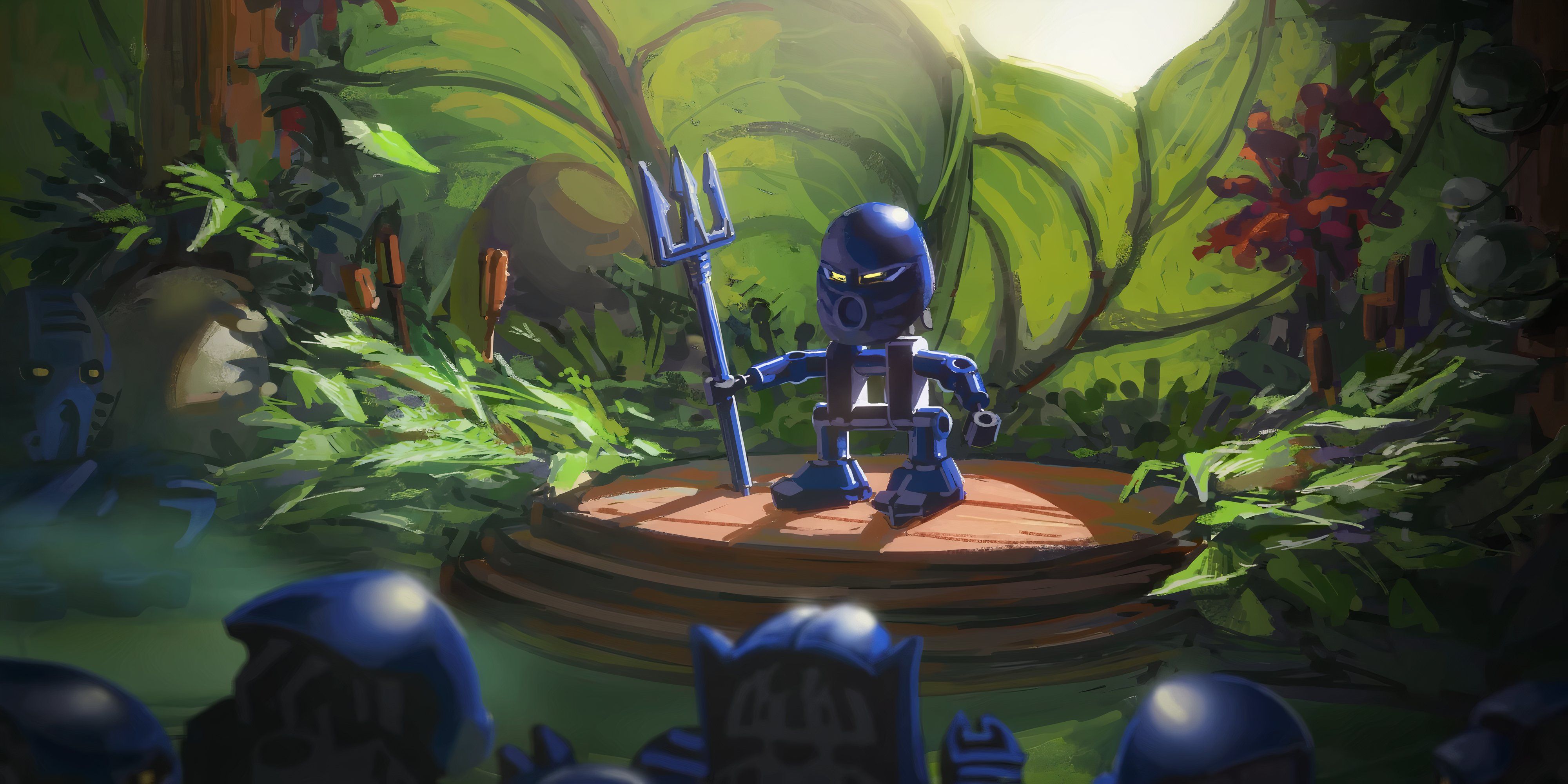 bionicle masks of power blue bionicle standing on a platform addressing other bionicles.-2