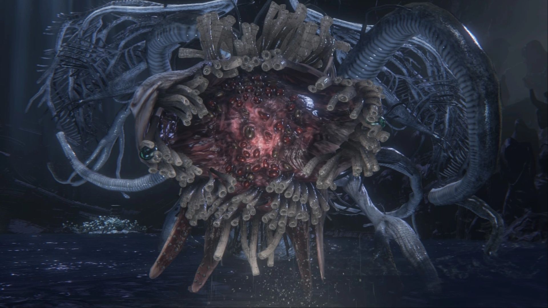 Ebrietas, Daughter of the Cosmos, letting out a roar, opening her face wide in Bloodborne.
