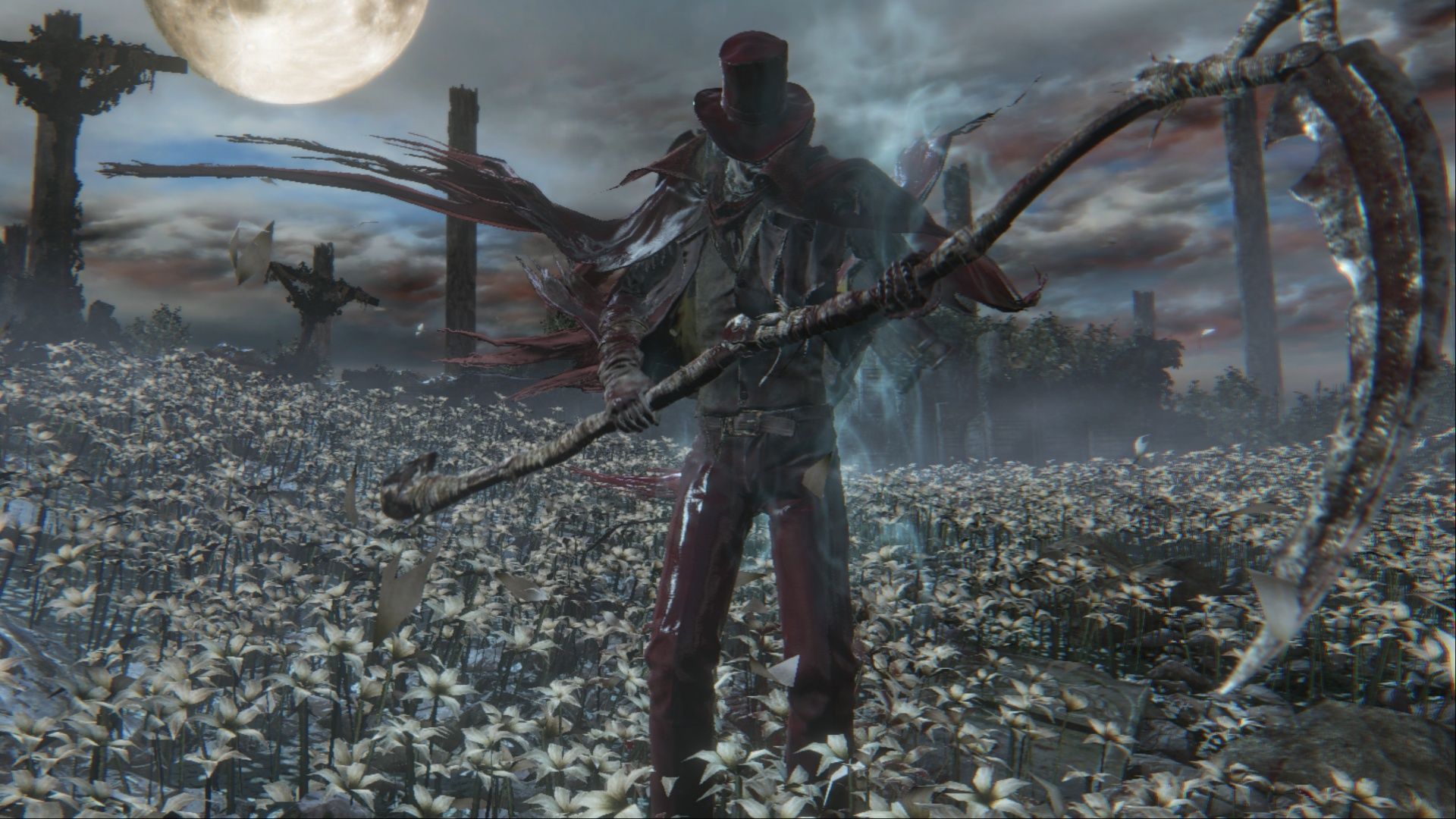 Gehrman, the First Hunter, approaching the camera while wielding his scythe in Bloodborne.