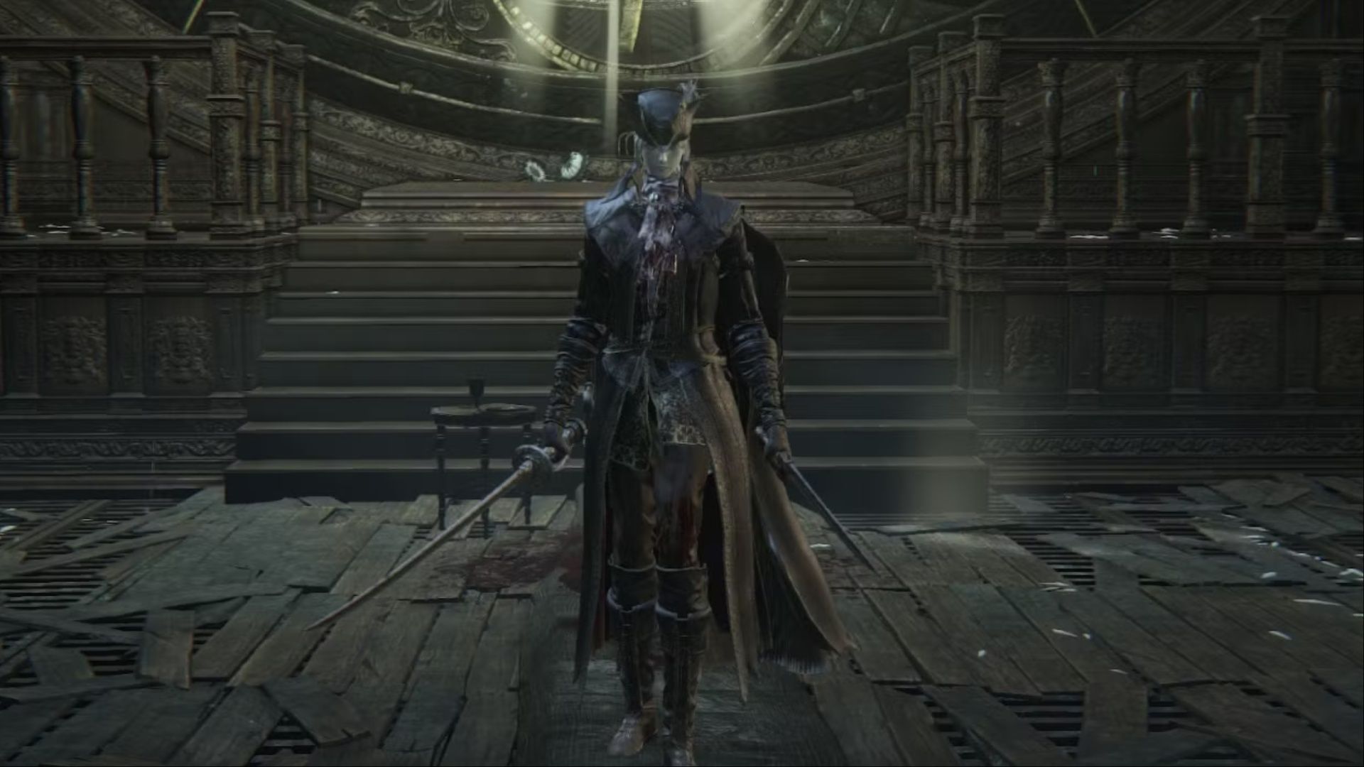 Lady Maria of the Astral Clocktower standing in front of the clock face while inside of the tower, wielding her dual blades in Bloodborne.