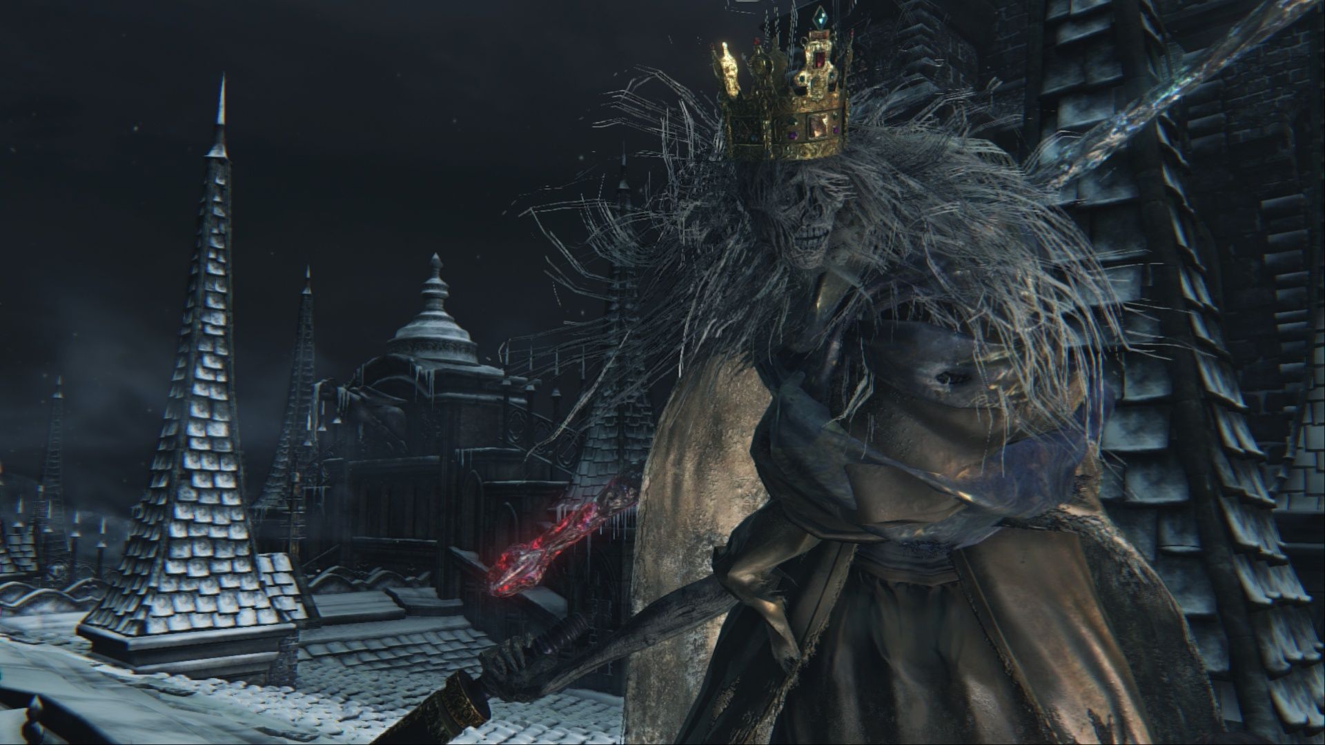 Martyr Logarius standing atop Forsaken Castle Cainhurst while wielding his scythe and approaching the camera in Bloodborne.