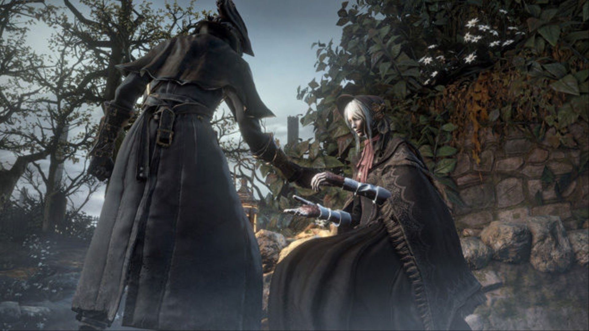 The Hunter offering Blood Echoes to the Doll to level up their stats in Bloodborne.