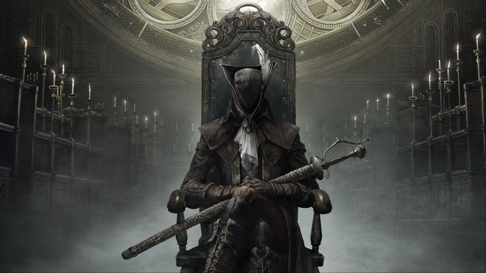 Key art showcasing Lady Maria sitting on her throne inside of the Astral Clocktower with her sword resting on her lap in Bloodborne: The Old Hunters.