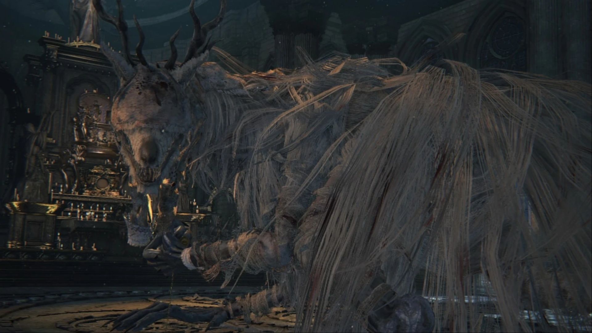 Vicar Amelia, standing in front of an altar within the Grand Cathedral in Bloodborne.
