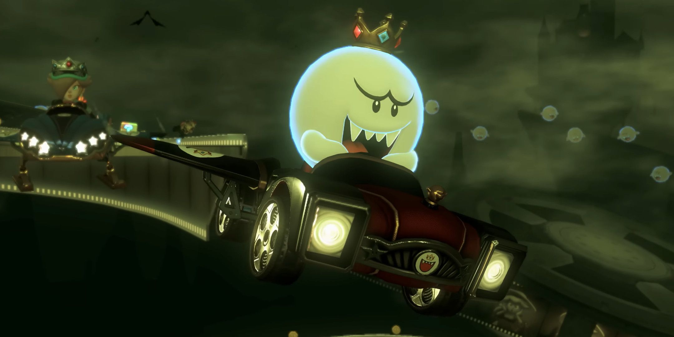 Boo racing a kart that's flying through the air