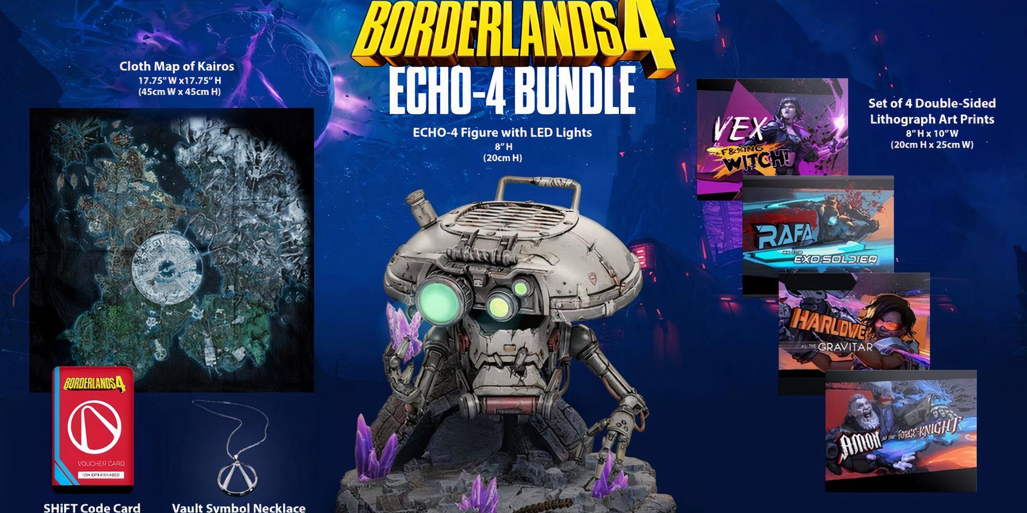 Items of the Borderlands 4 Collector's Edition displayed in order.