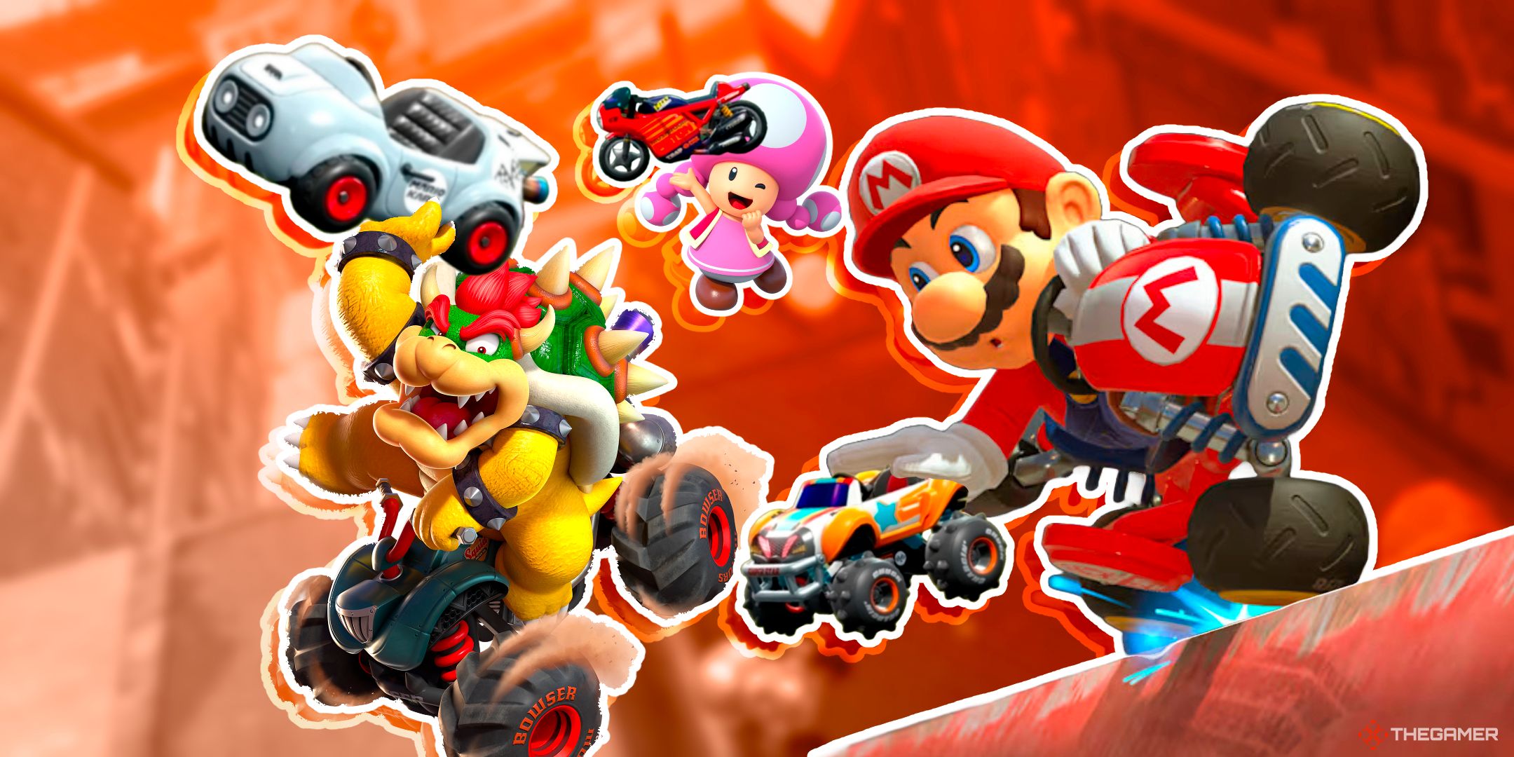 Bowser holding the Baby Blooper, Toadette presenting the Mach Rocket and Mario grinding on a rail while grabbing the Chargin Truck In Mario Kart World.