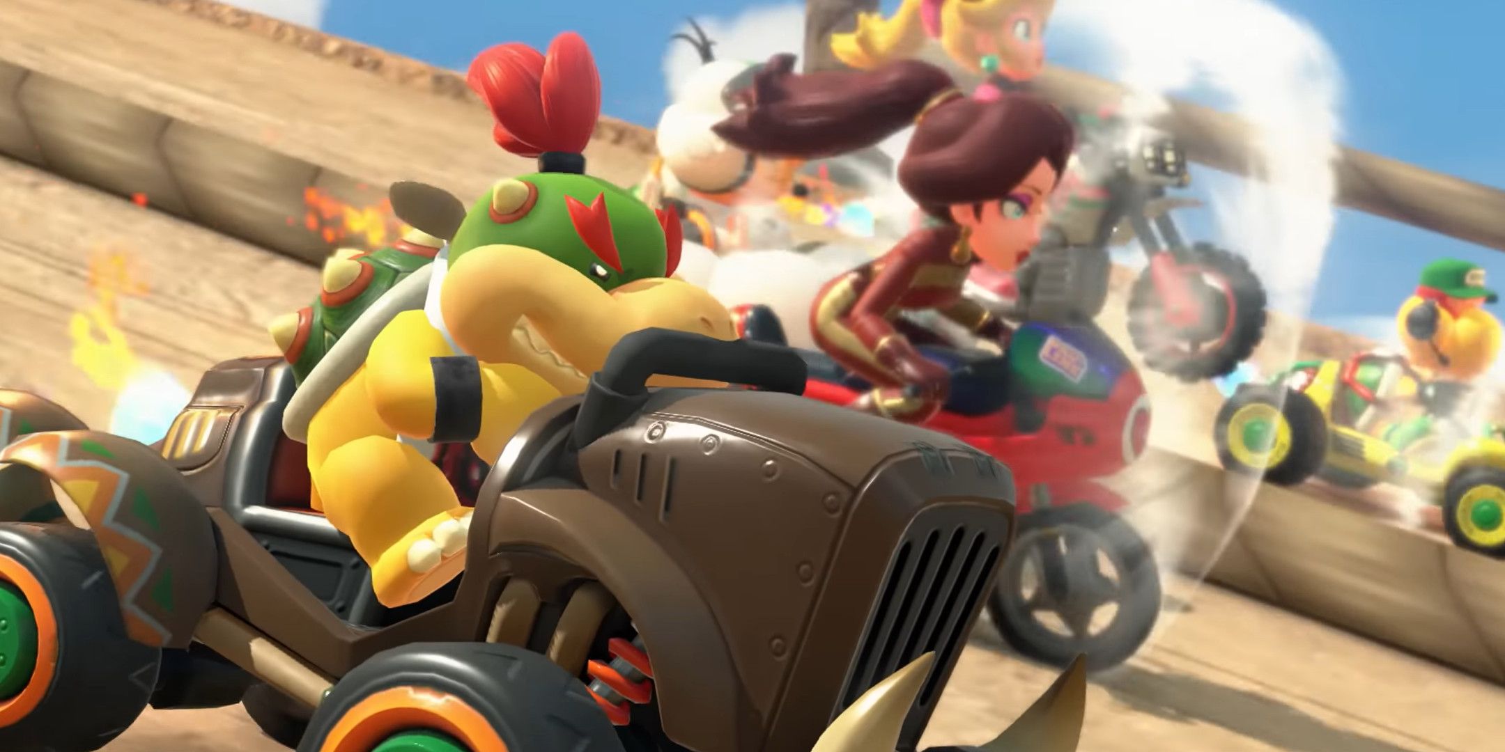 Bowser Junior, Peach, and Pauline racing down a path.