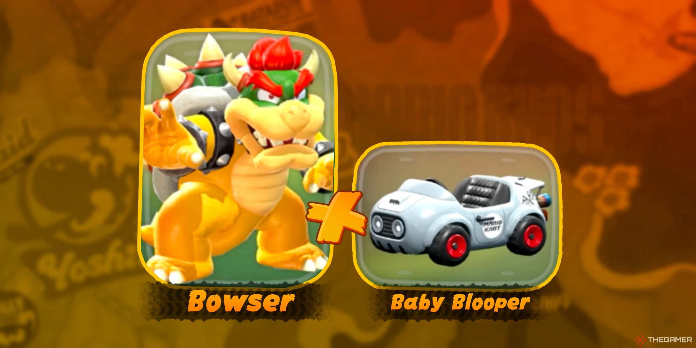 Bowser next to the Baby Blooper Kart in Mario Kart World's character selection.