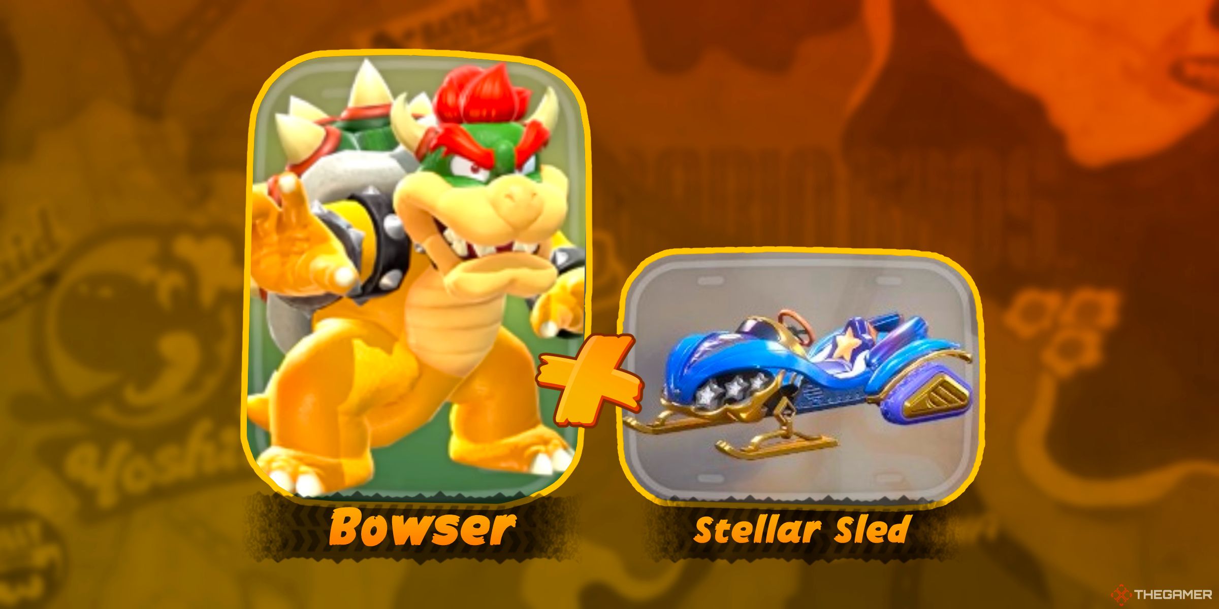 Bowser next to the Stellar Sled Kart in Mario Kart World's character selection.