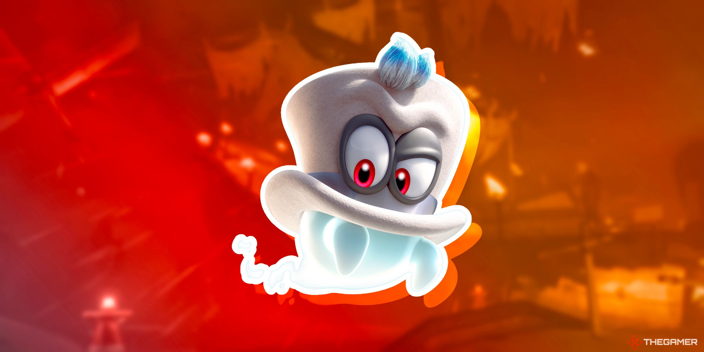 Cappy Floating On Top Of The Track Wario Shipyard From Mario Kart World.