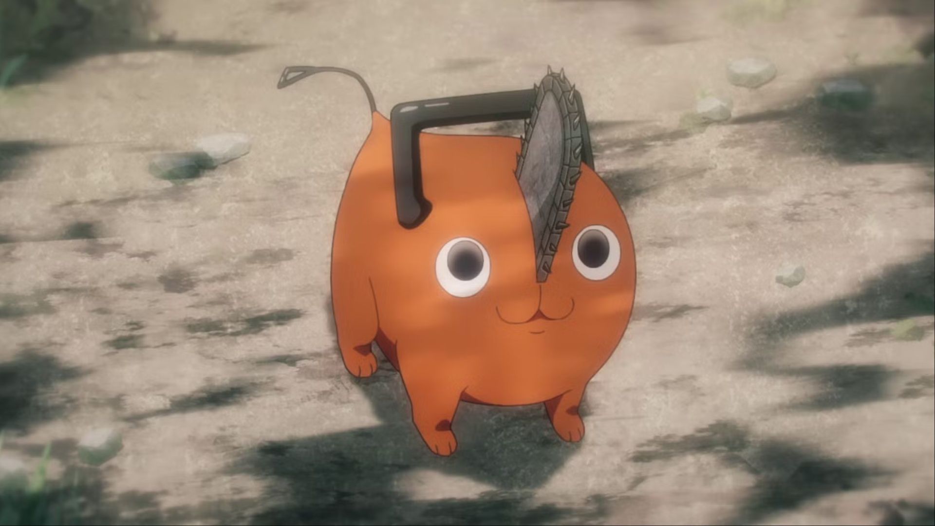 Pochita looking up at Denji with a smile on his face in Chainsaw Man.