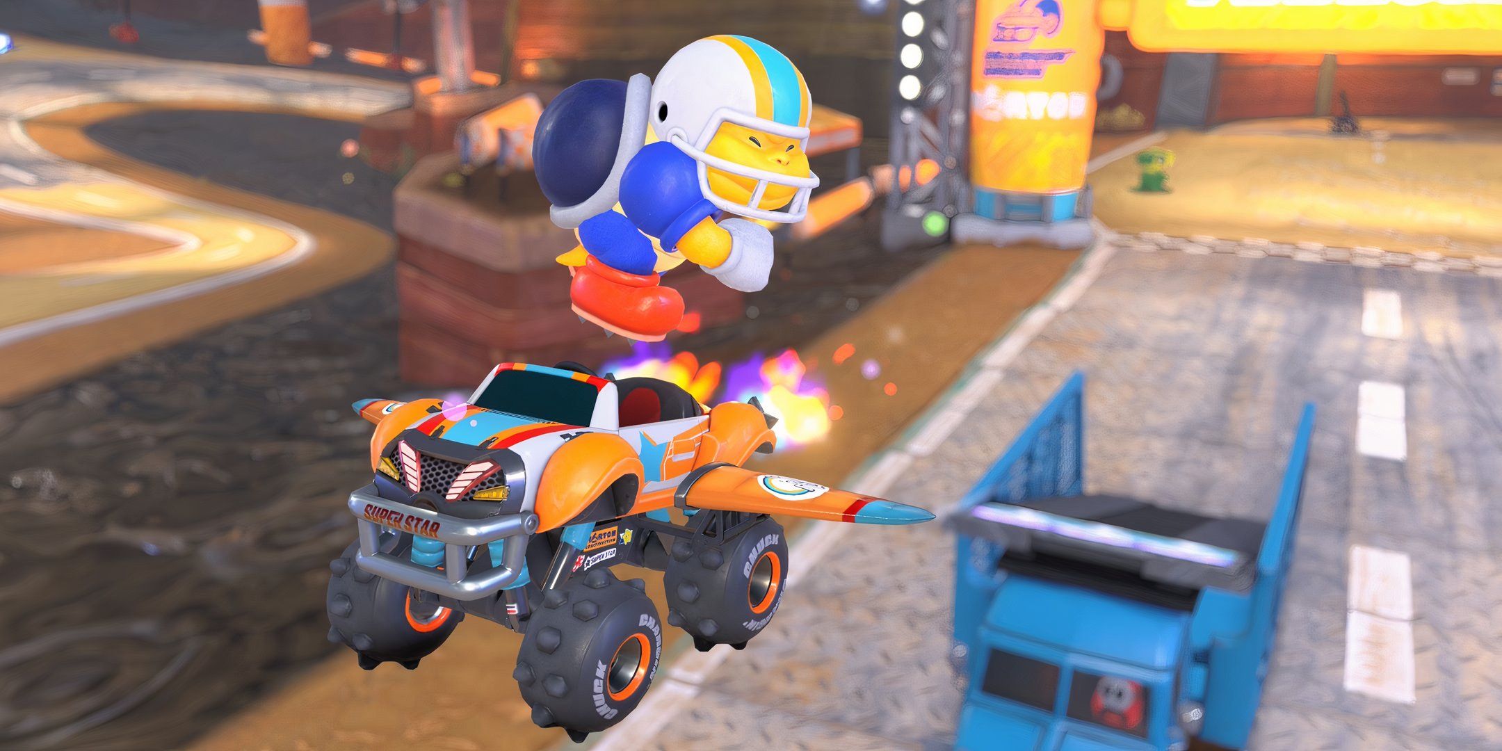 Chargin' Chuck hovers over his vehicle in mid-air in Mario Kart World.