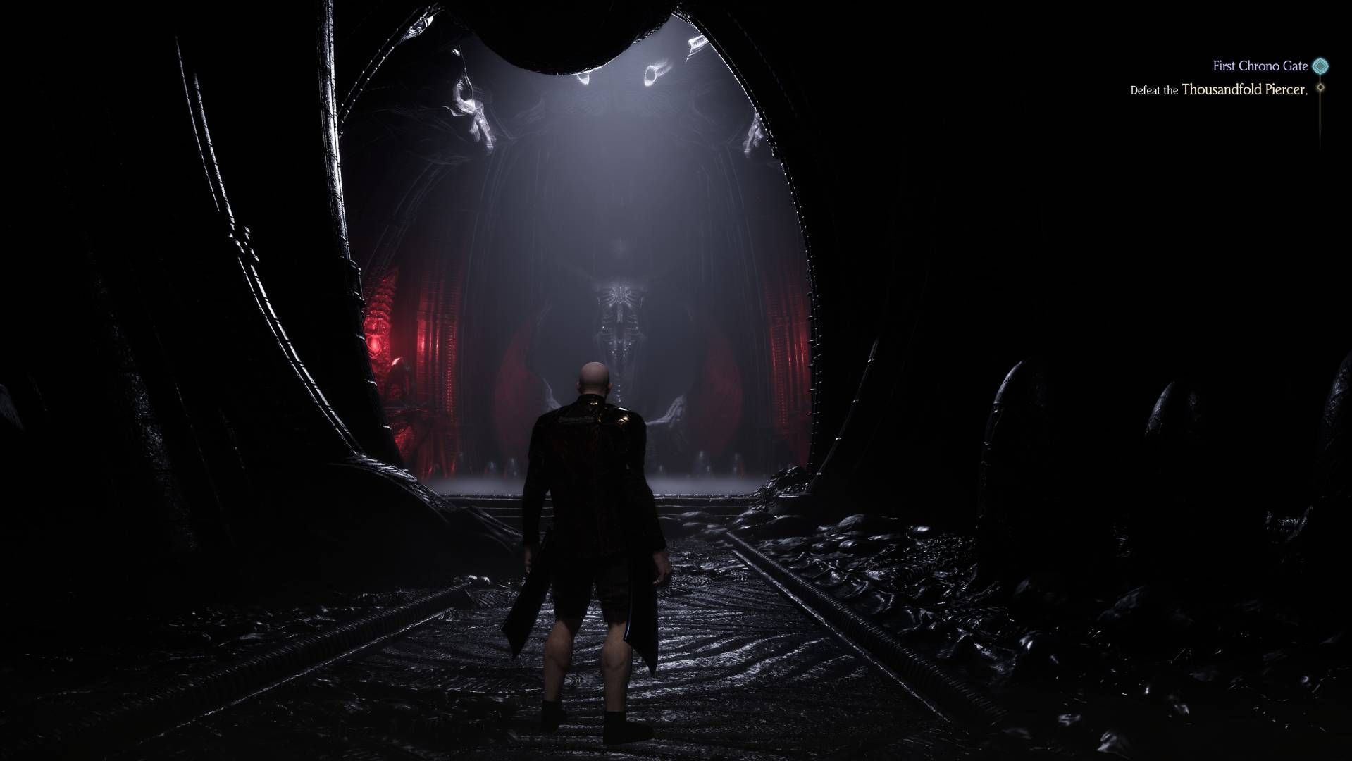 Chrono Odyssey inside a boss arena, dark, lots of alien architecture.-1