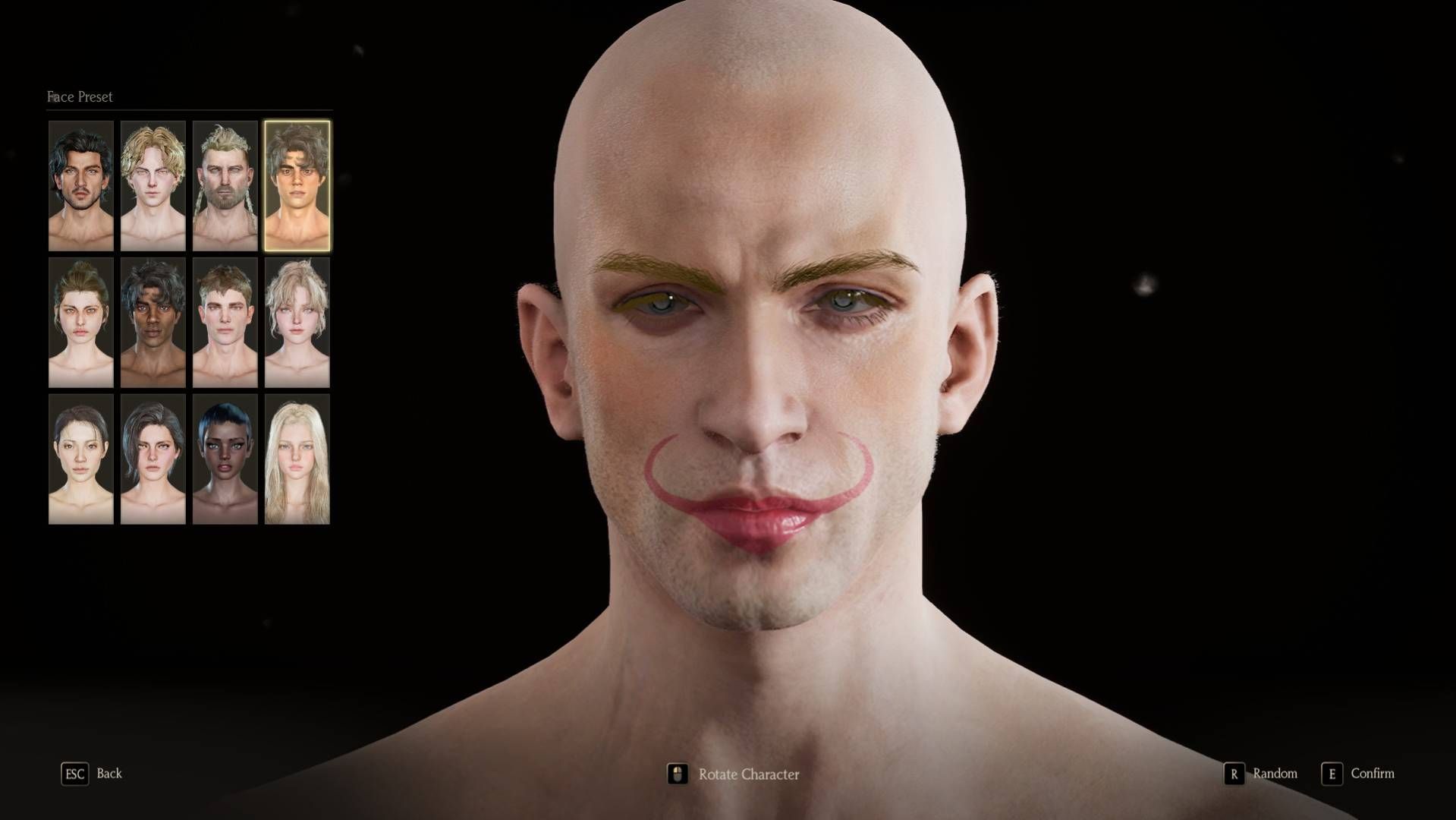 Chrono Odyssey, the character creator, man with pale skin, no hair, and a fake moustache.