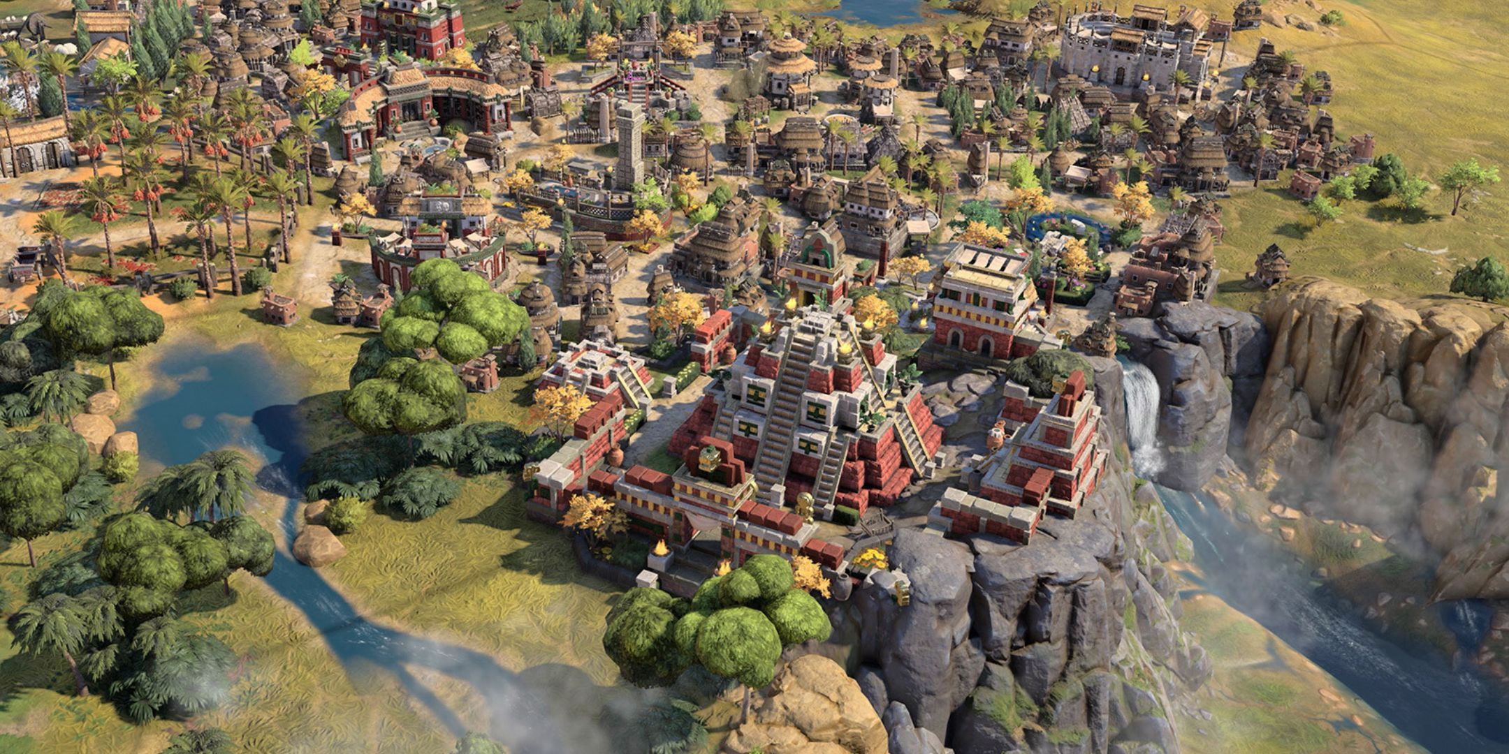 A city in Civilization 7 atop a hill over a river.