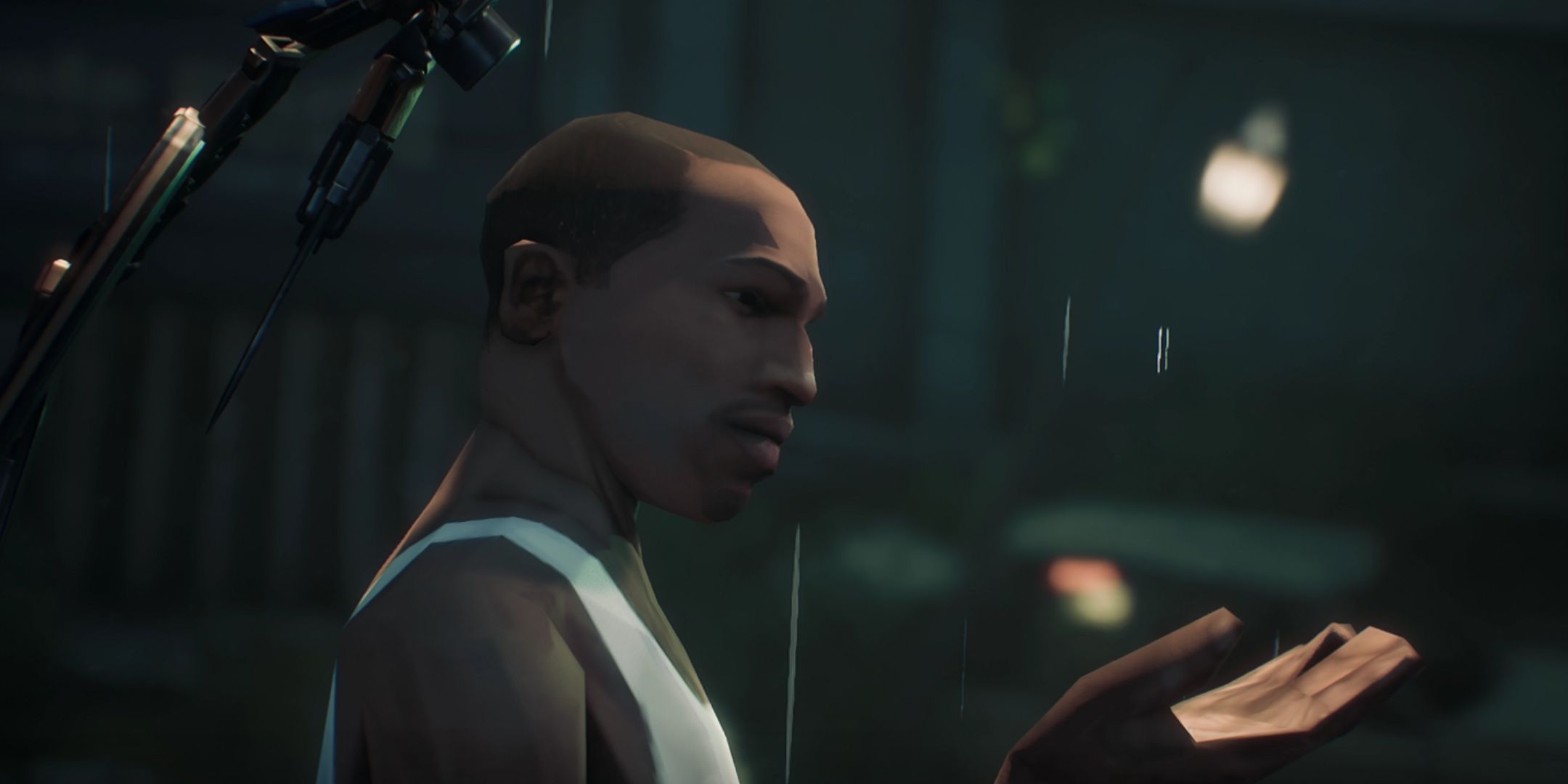 Stellar Blade modded to replace the main character with CJ from Grand Theft Auto. He has a PS2 character model, and is putting out a hand to feel the rain.
