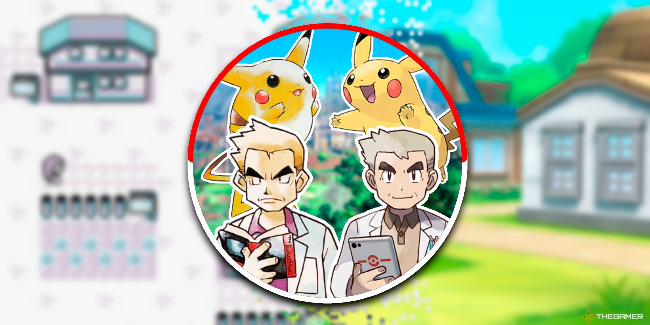Classic Professor Oak And Pikachu Drawn By Ken Sugimori Alongside Their Modern Counterparts Inside A Poke Ball On Top Of Pallet Town From Pokemon Blue And Pokemon: Let's Go Pikachu.