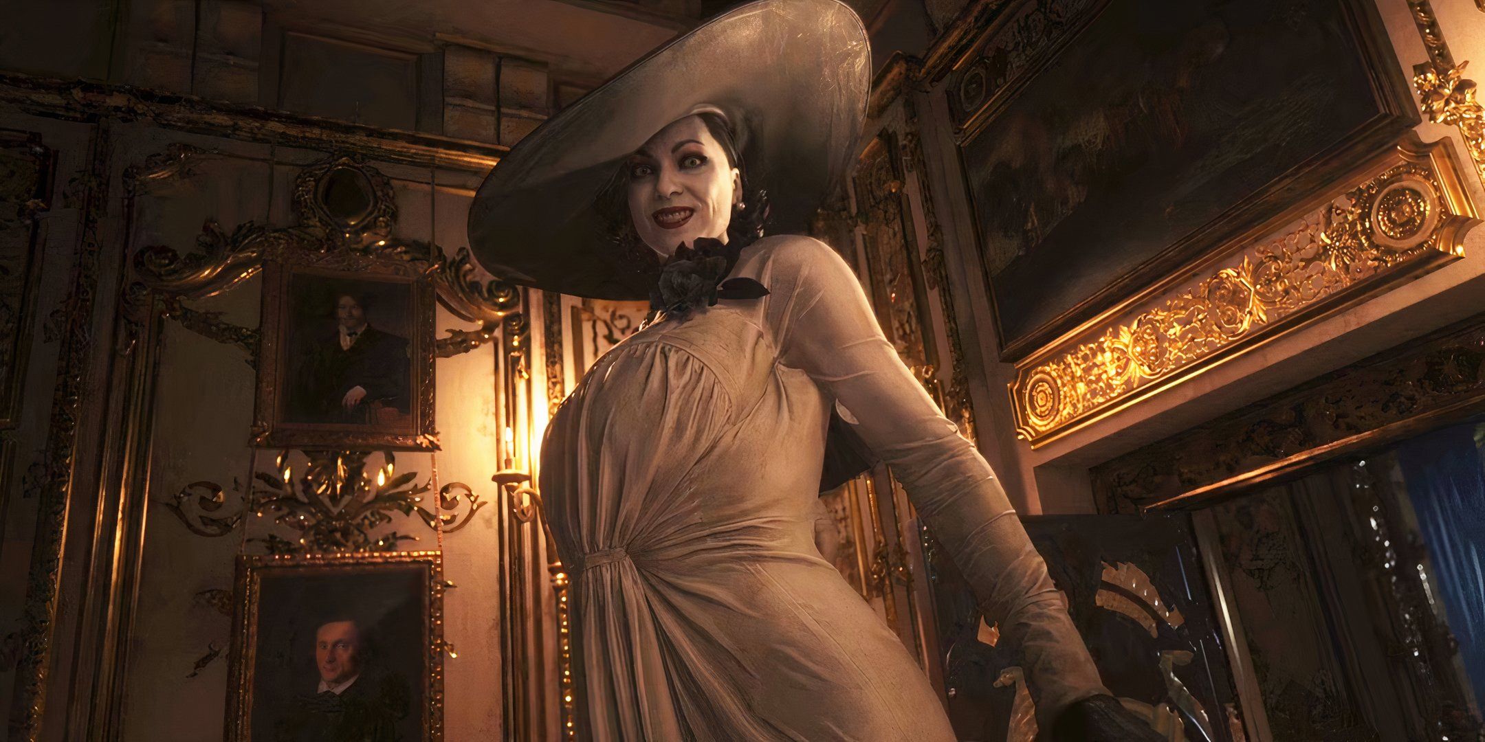 Lady Dimistrecu in Resident Evil Village, looking down at you.