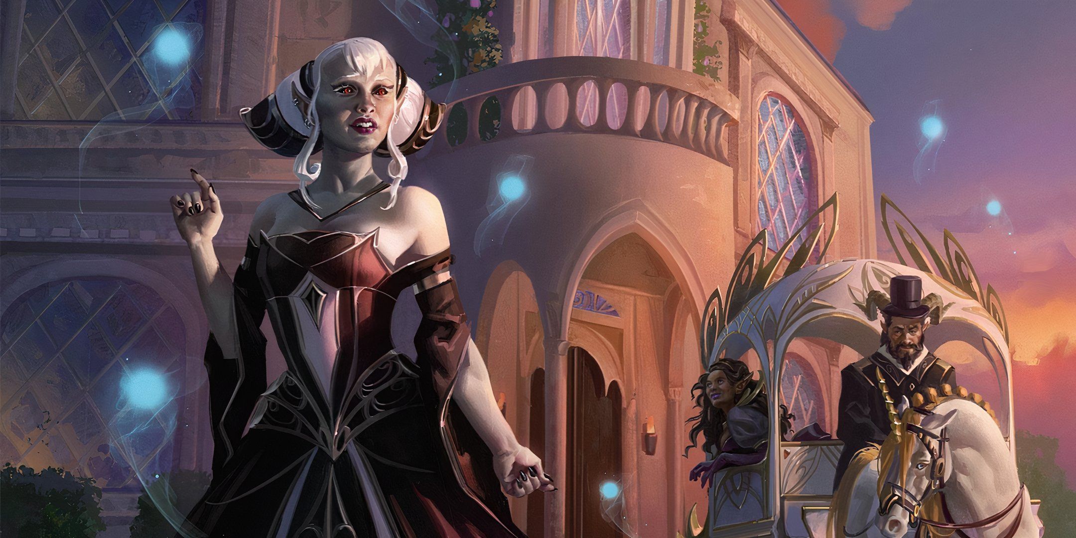 A hostess greets guests for a party at a mansion in the Feywild in DND.