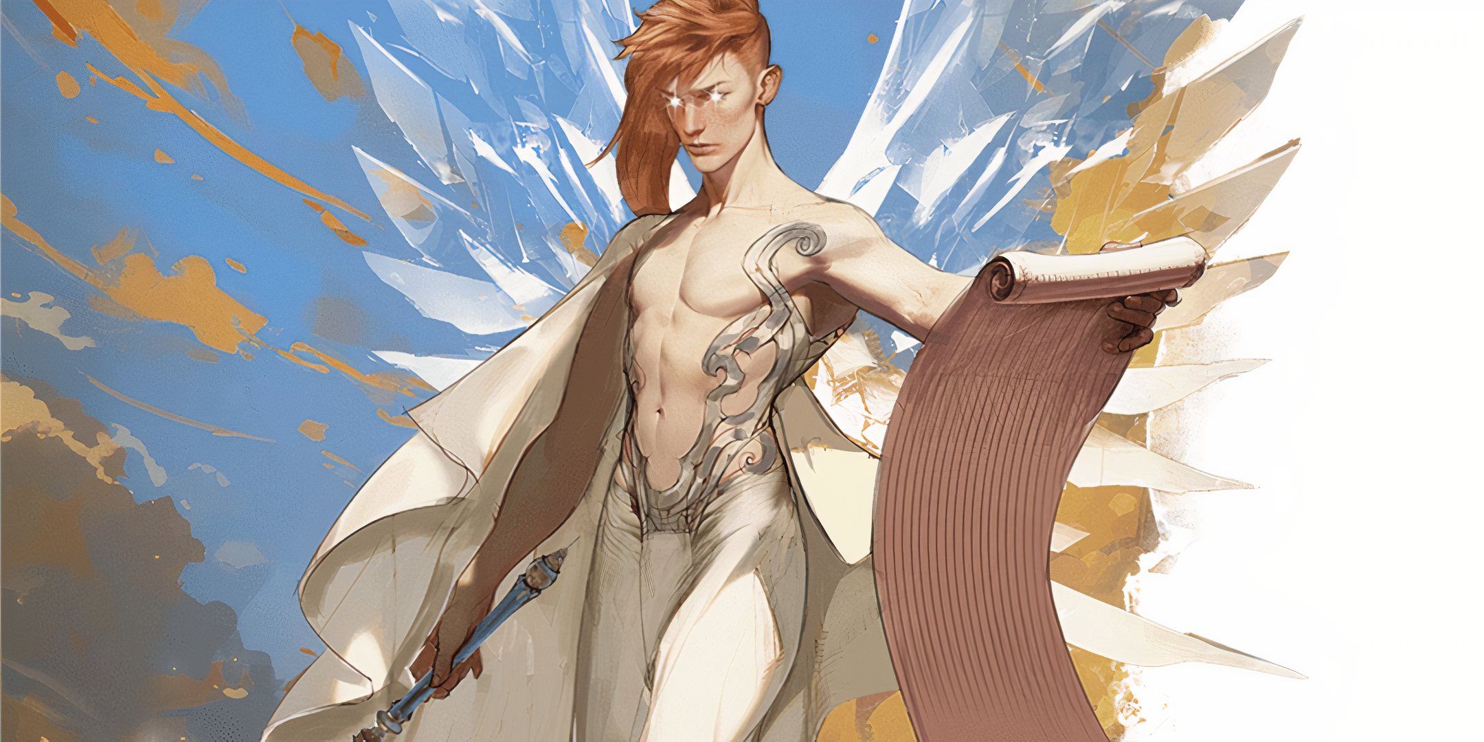 A deva with wings holding a scroll in DND.