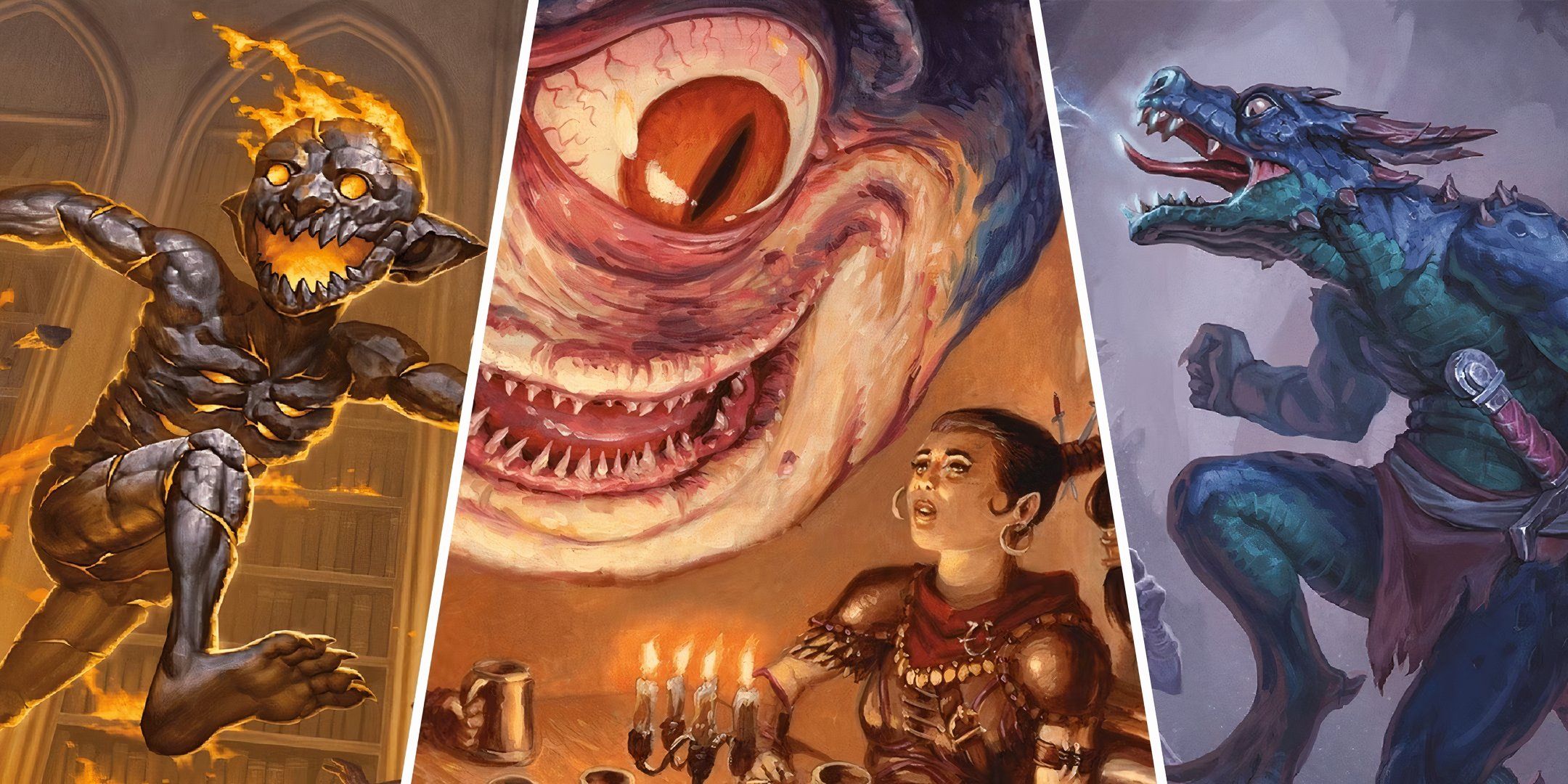 split image featuring a magma gremlin, a beholder looking at a woman, and a blue kobold from DND.