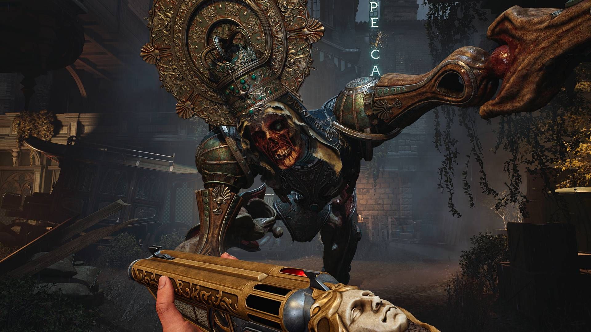 Crisol Monster Attacking While The Hero Holds A Shotgun.