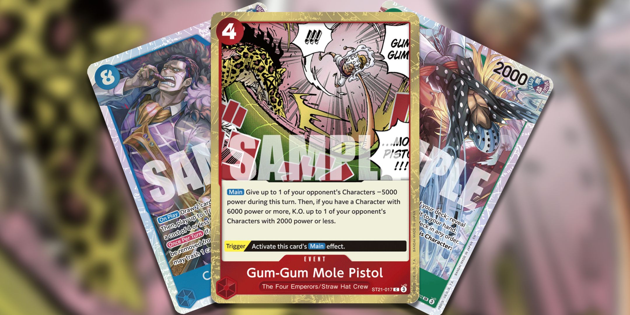 Crocodile & Mihawk, Gum-Gum Mole Pistol, and Kid and Killer from One Piece Card Game.