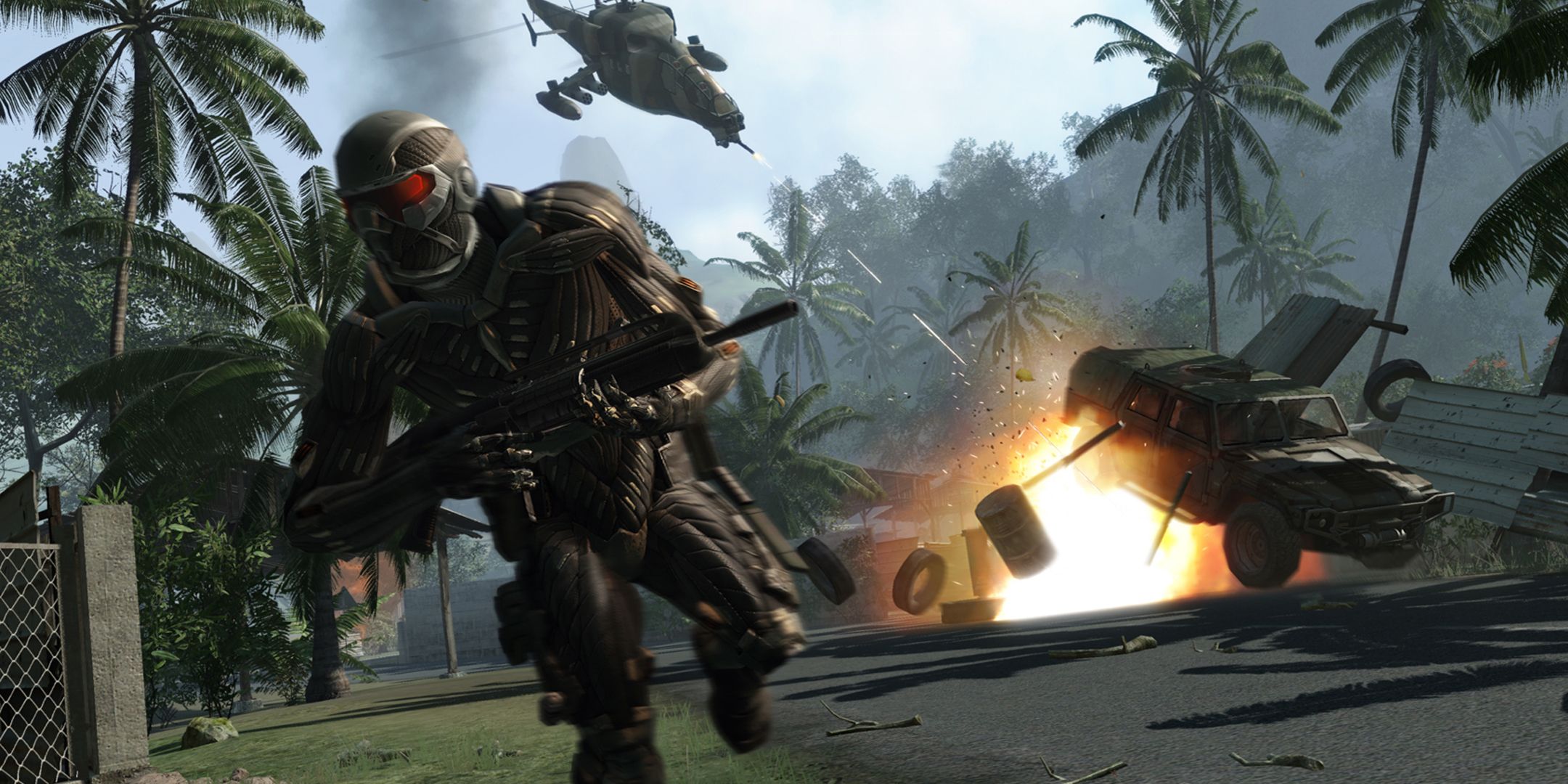 Crysis soldier running away as a helicopter fires on a jeep.