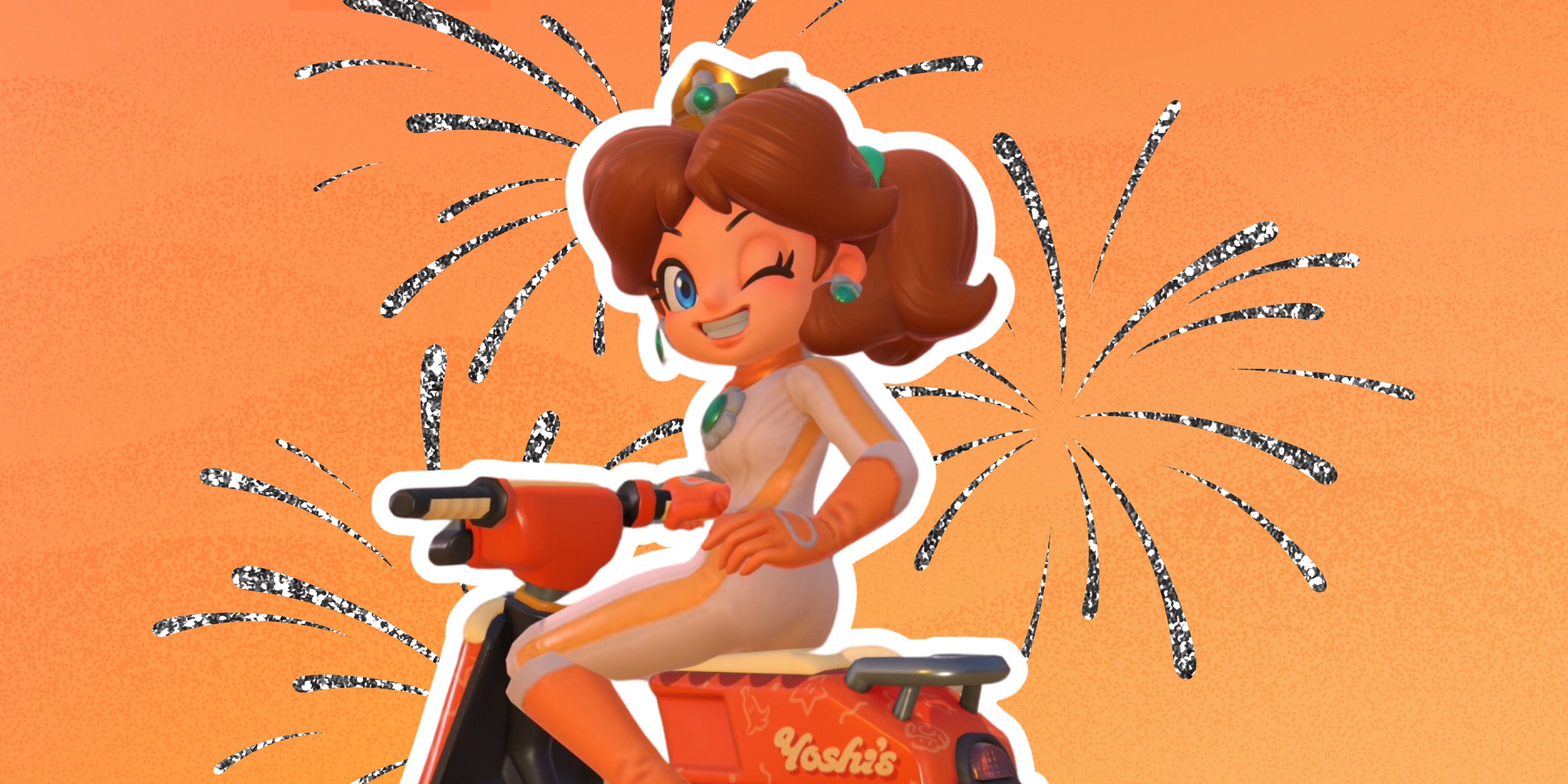 Daisy winking on a motorcycle in Mario Kart World