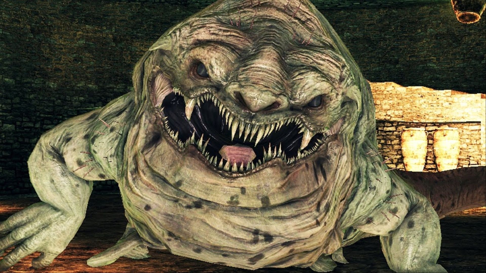 The Covetous Demon moving toward the Bearer of the Curse in Dark Souls 2: Scholar of the First Sin.