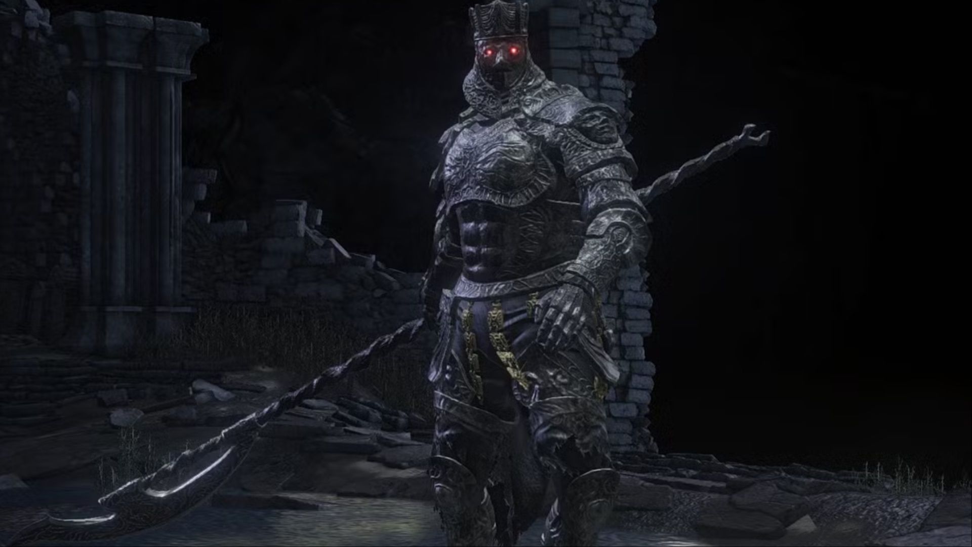 Champion Iudex Gundyr approaching the camera with red eyes and his halberd drawn in Dark Souls 3.