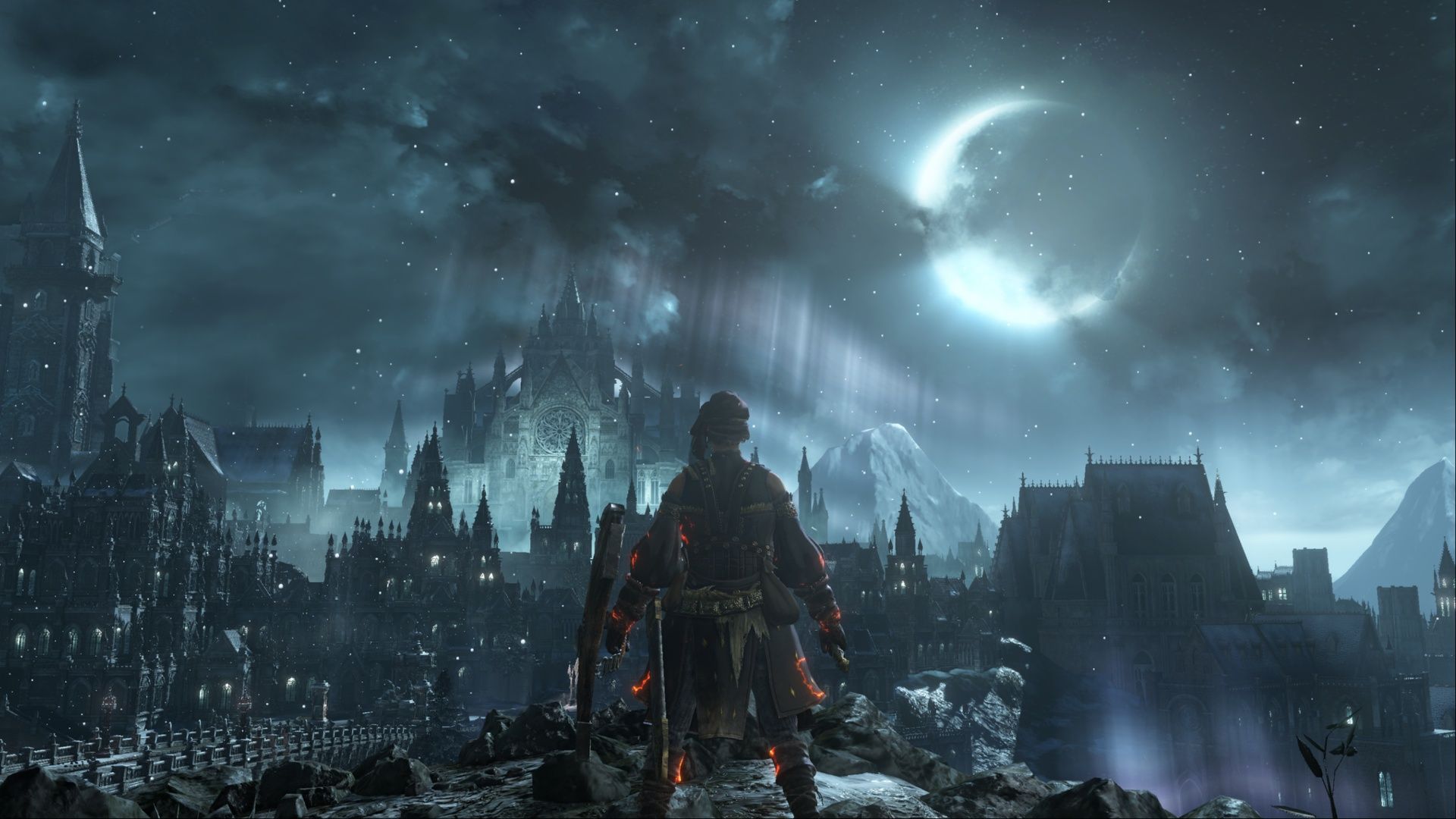 The Ashen One looking out at the beautiful Irithyll of the Boreal Valley in Dark Souls 3.