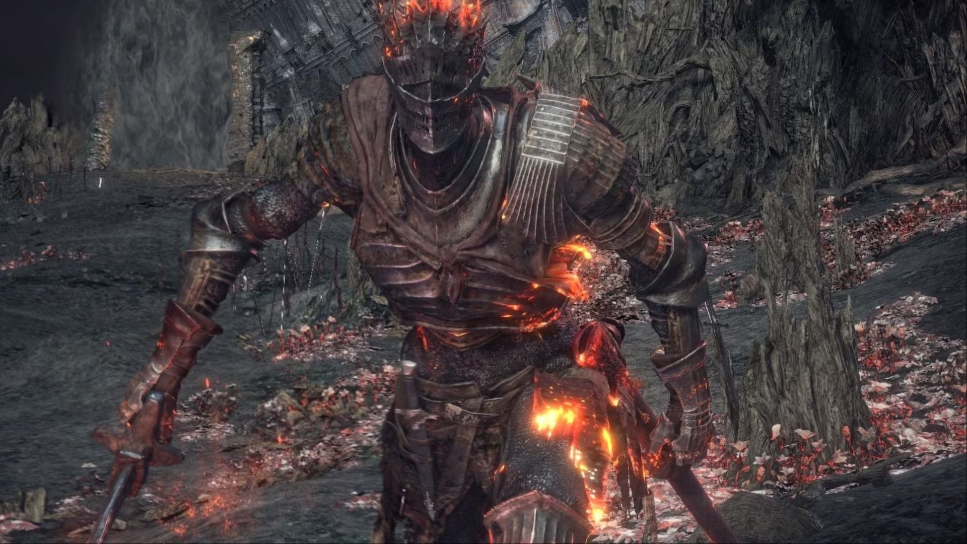 The Soul of Cinder approaching the Ashen One in Dark Souls 3.